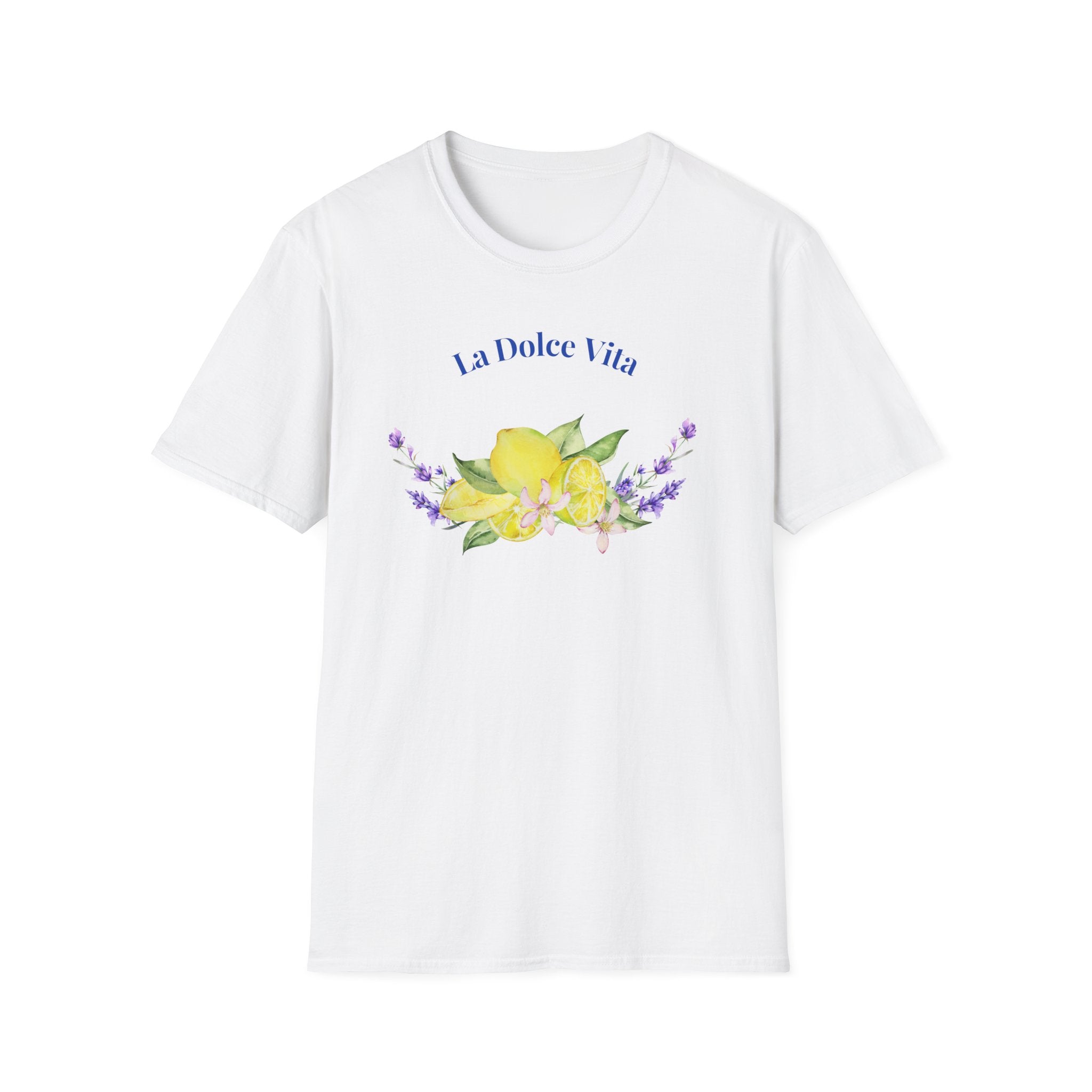White t-shirt with 'La Dolce Vita' text and floral design on a white background