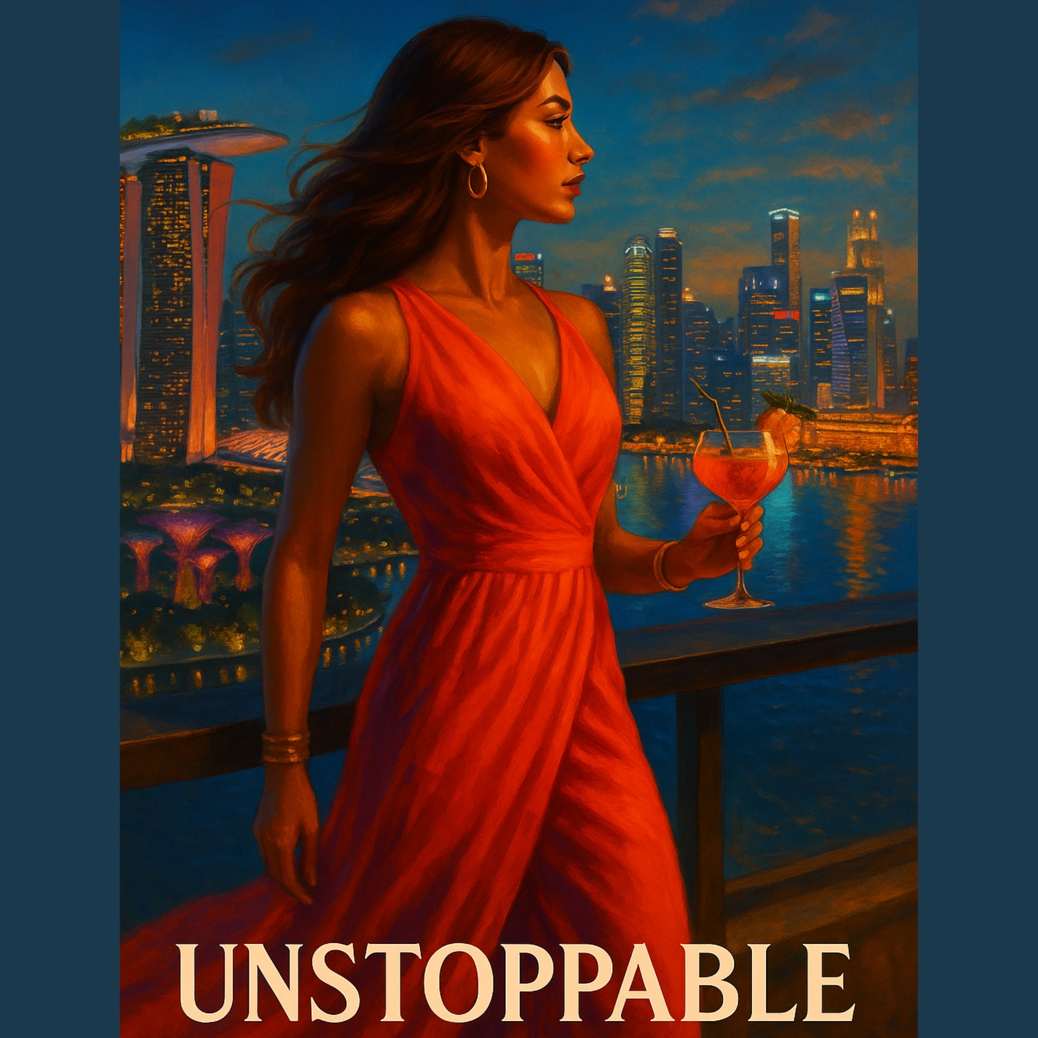 Woman in a red dress holding a cocktail with a city skyline in the background, featuring the word 'UNSTOPPABLE'.