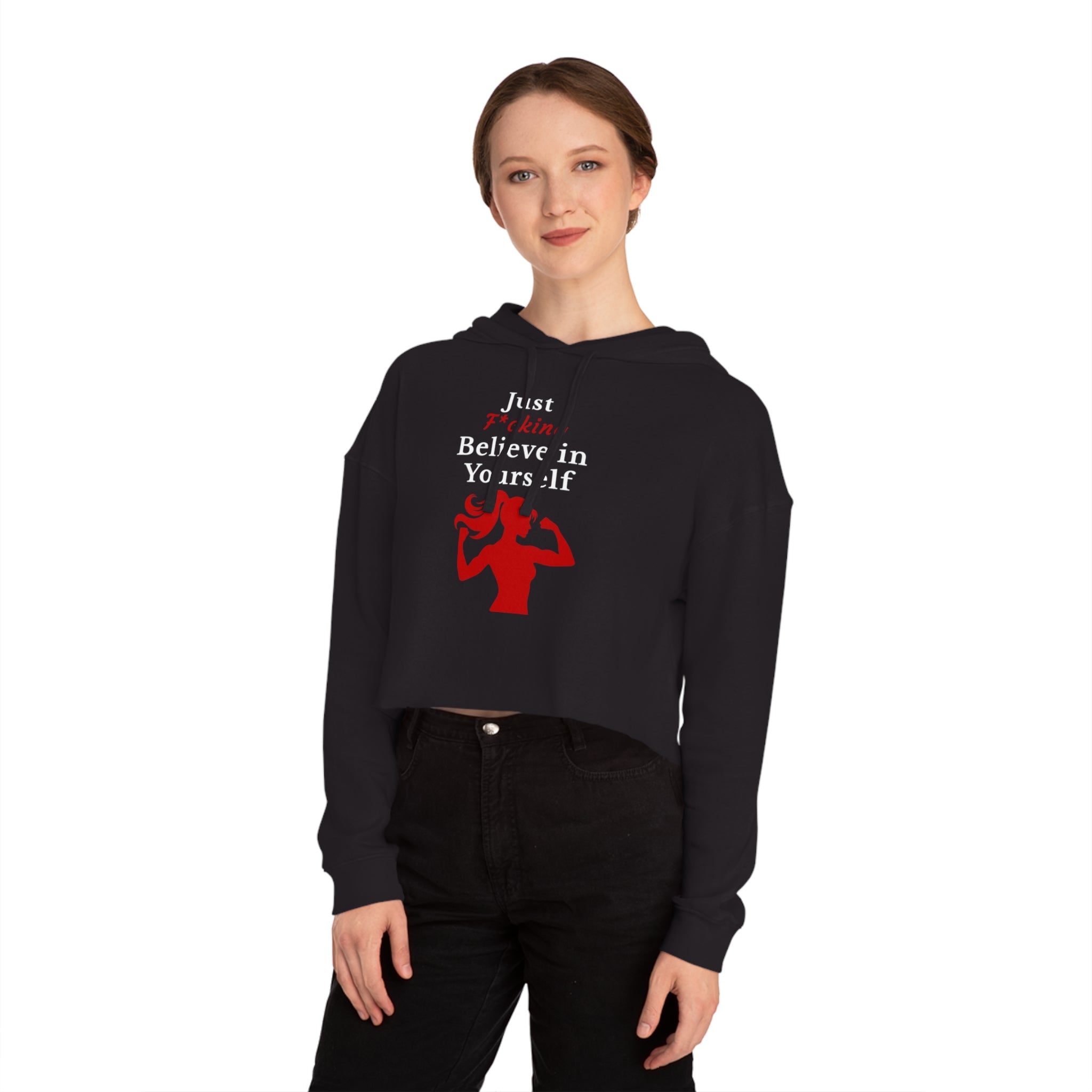 Person wearing a black hoodie with motivational text and graphic design on a white background