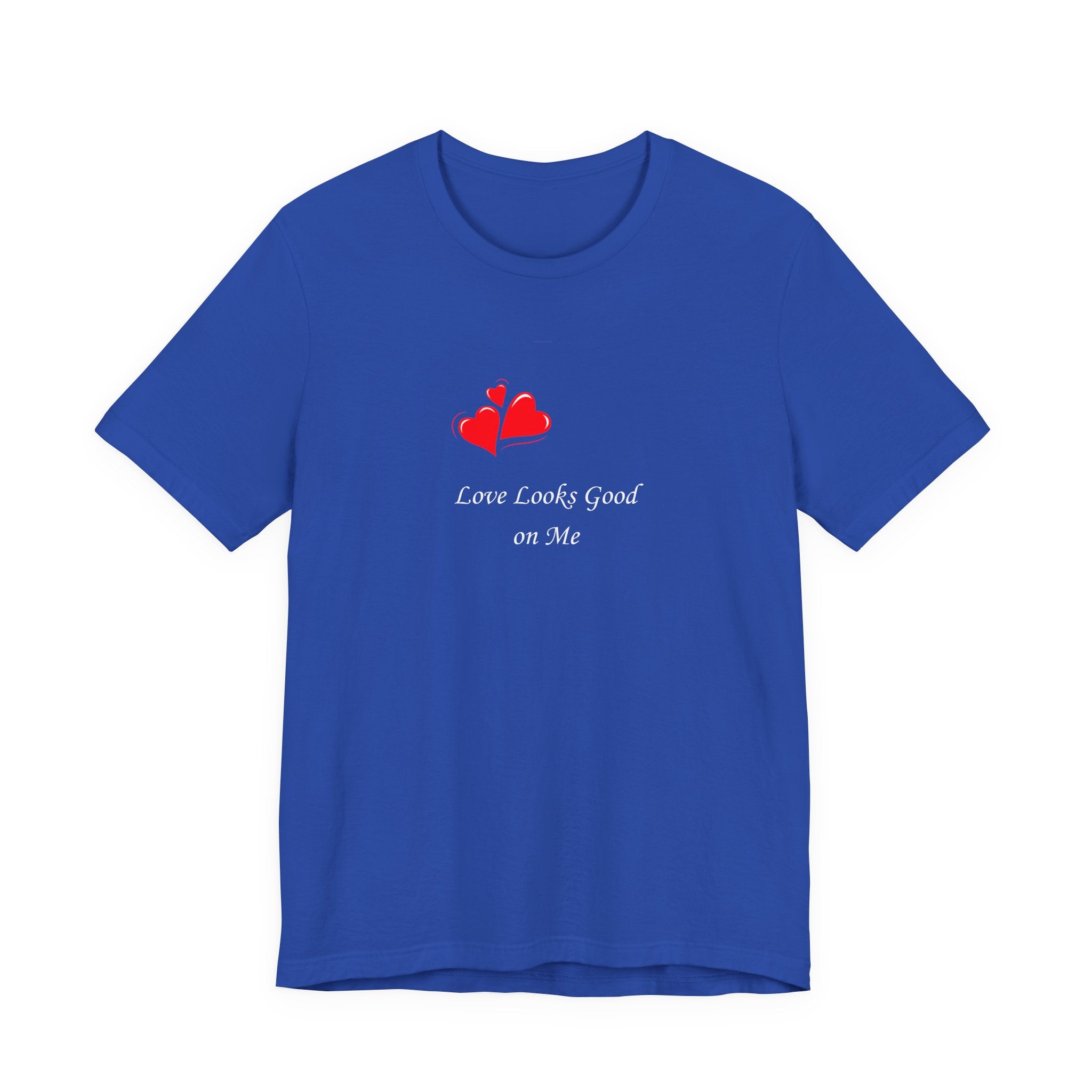 Blue t-shirt with red heart design and text on a white background