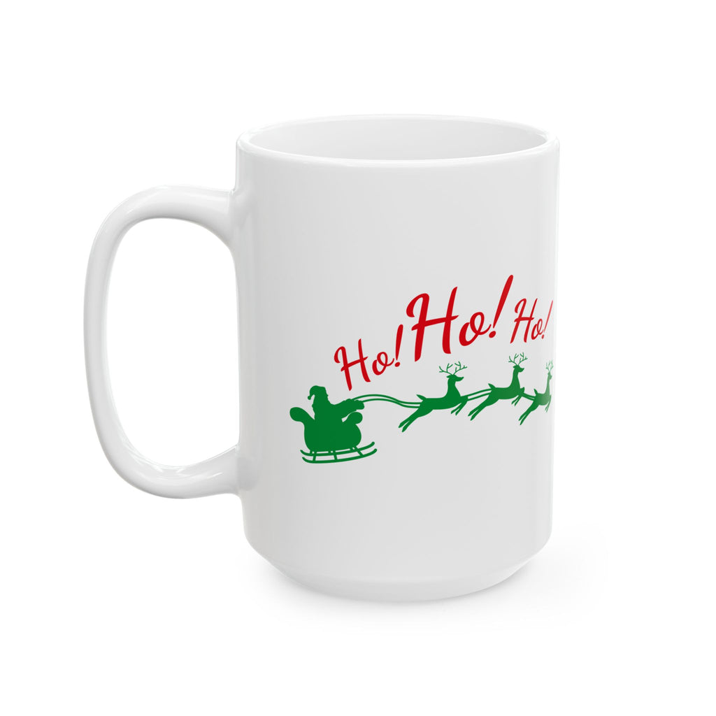 White mug with Christmas design featuring 'Ho! Ho! Ho!' text and Santa Claus on a sleigh.