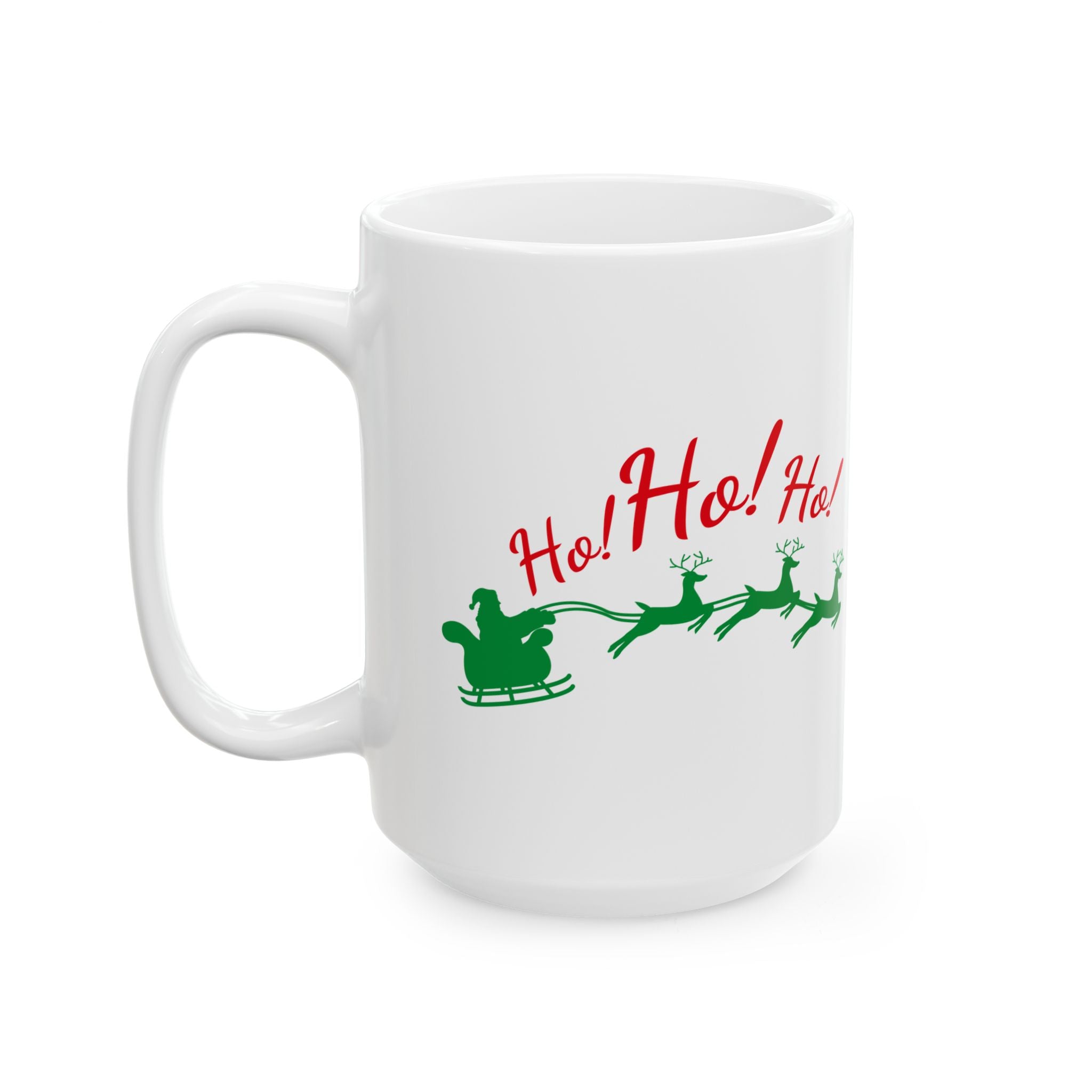 White mug with Christmas design featuring 'Ho! Ho! Ho!' text and Santa Claus on a sleigh.