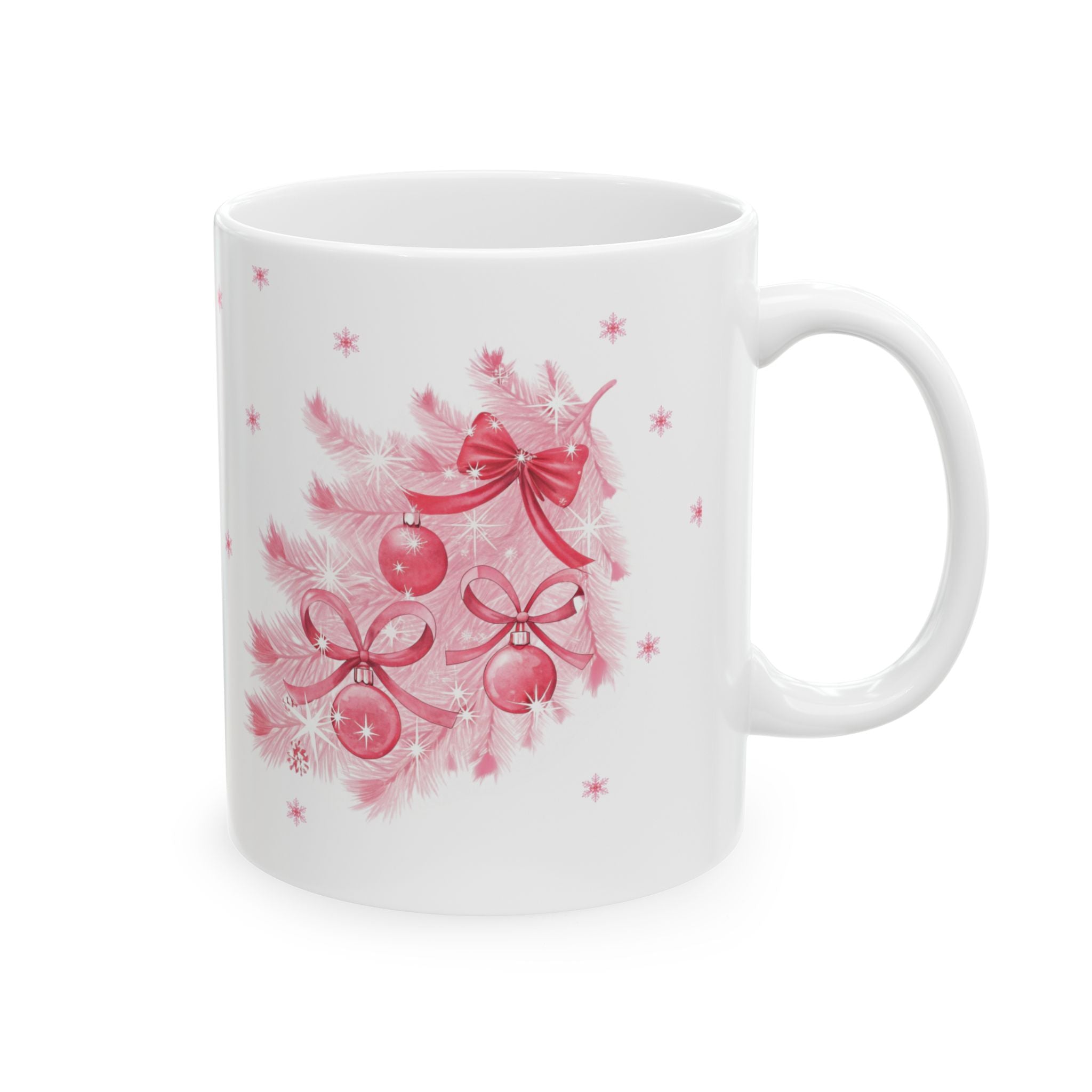 Christmas Reindeer & Pink Snowflakes Ceramic Mug (11oz, 15oz)