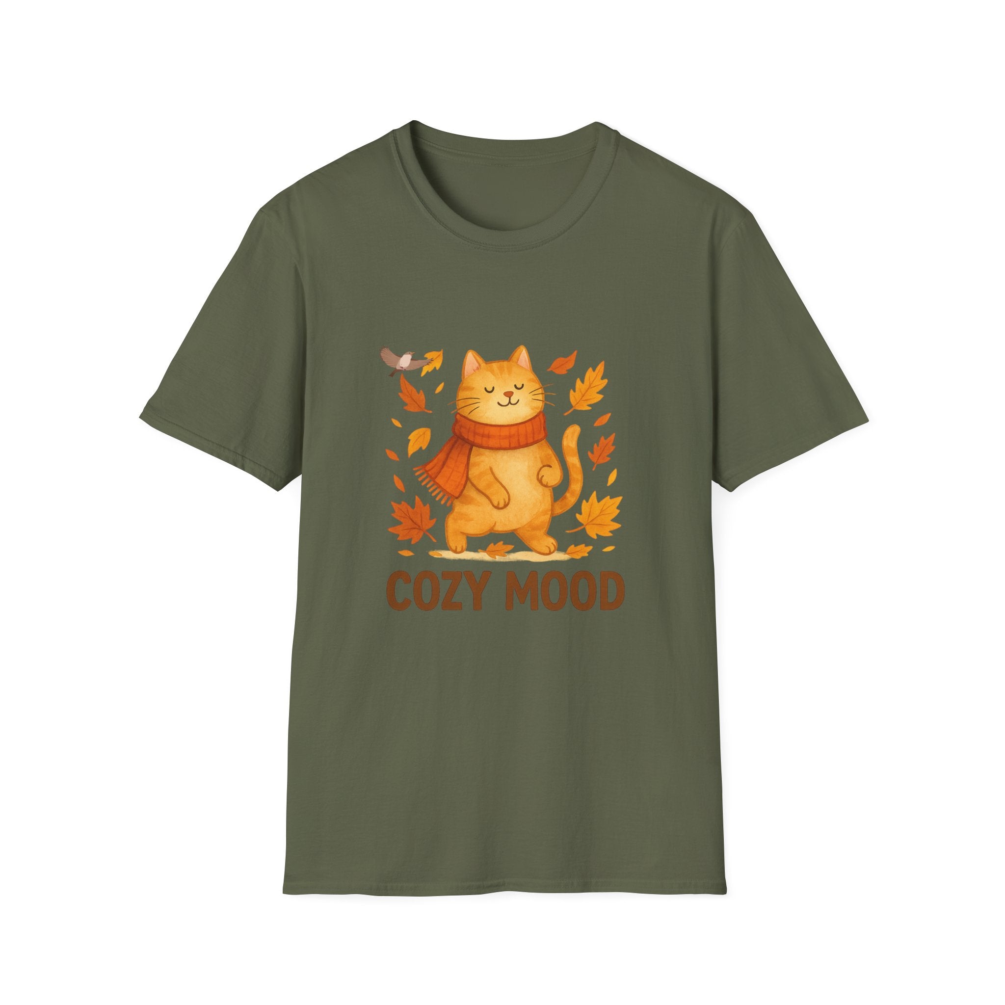 Green t-shirt with a cat wearing an orange scarf and leaves, labeled 'Cozy Mood', on a white background.