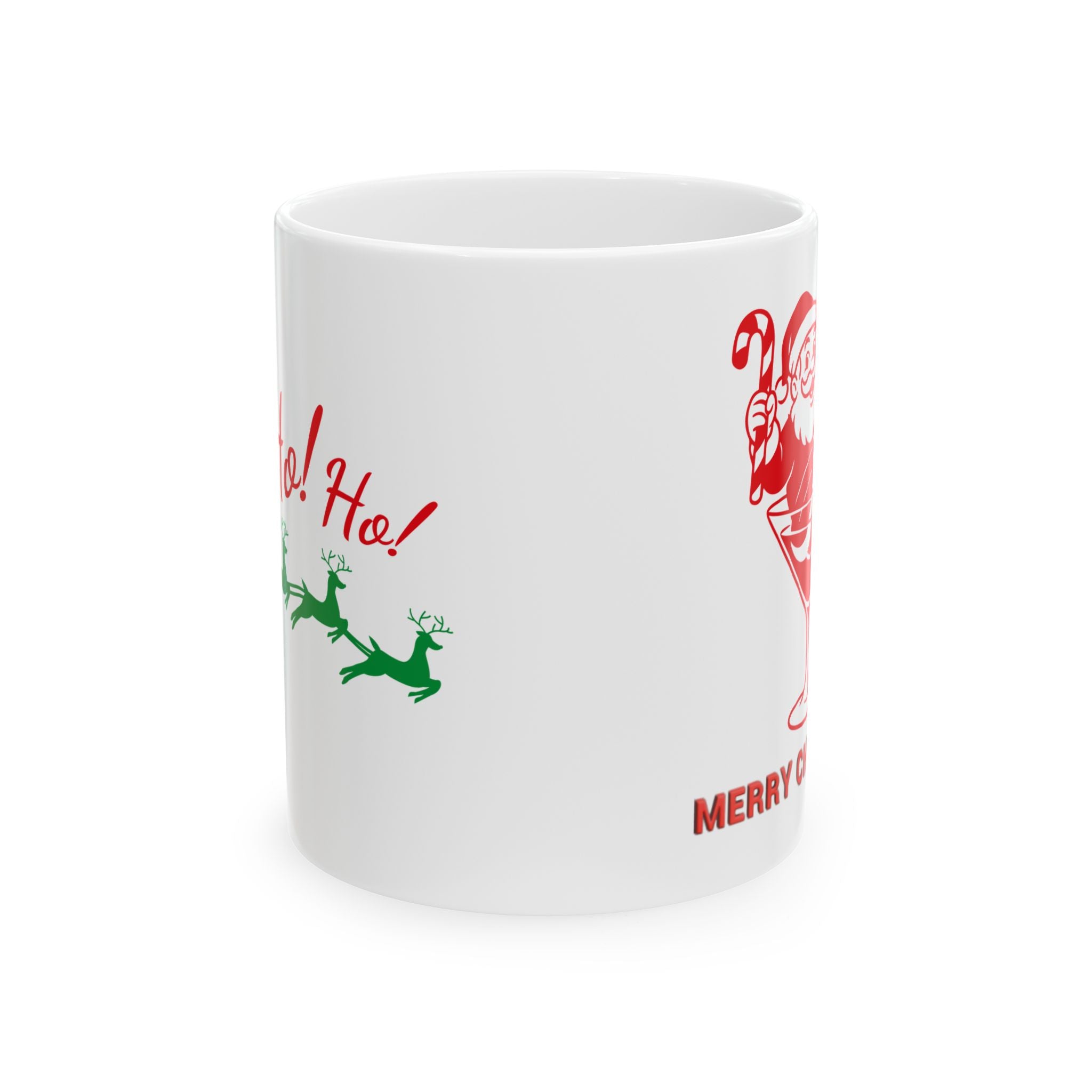 White mug with Christmas-themed designs including 'Ho! Ho!' and reindeer on a white background
