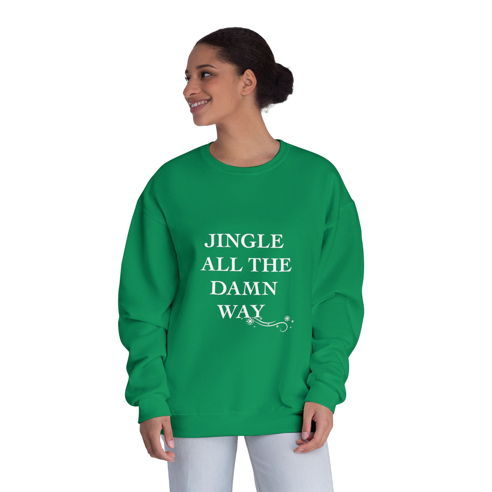 Person wearing a green sweatshirt with 'JINGLE ALL THE DAMN WAY' text on a white background