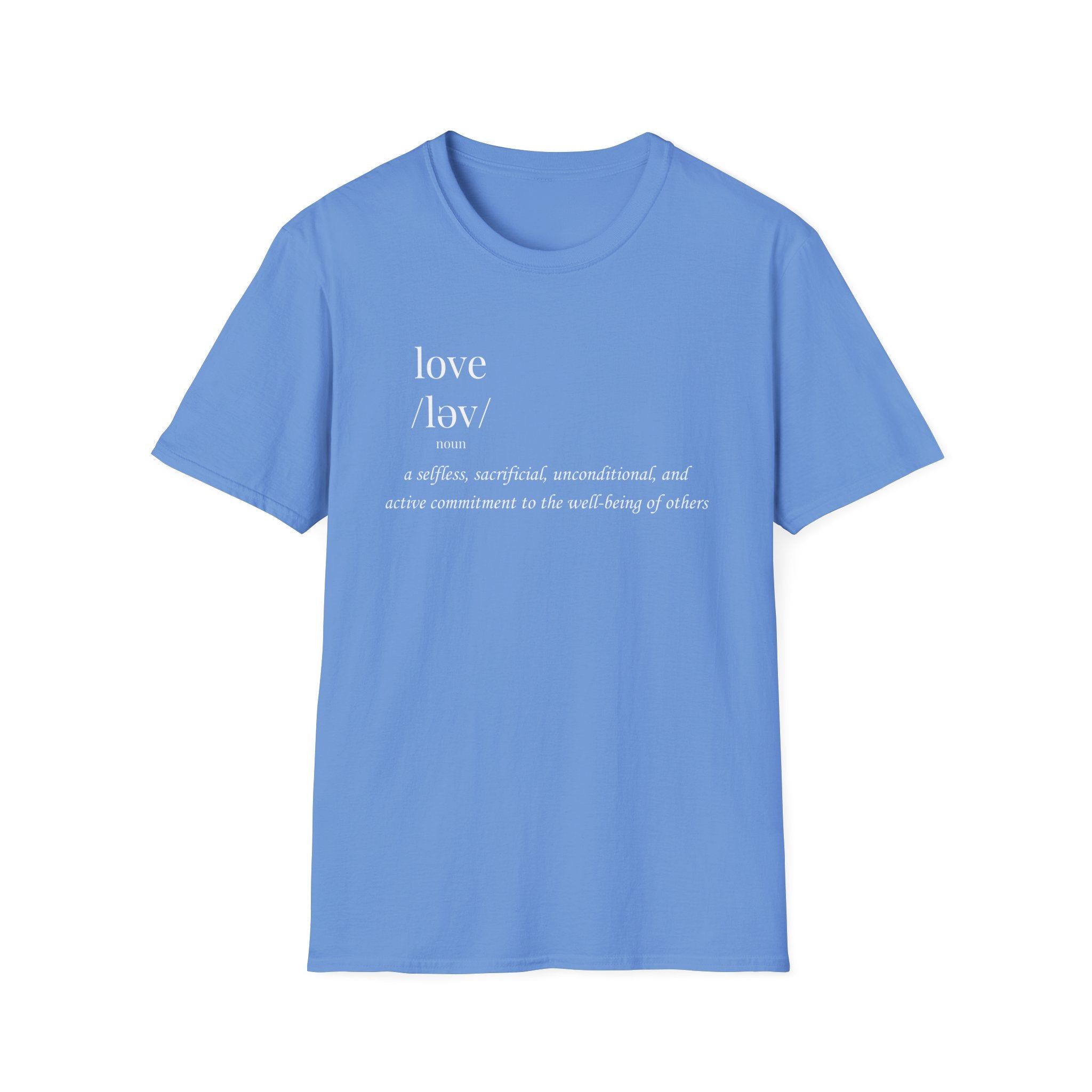 Blue t-shirt with white text on a white background