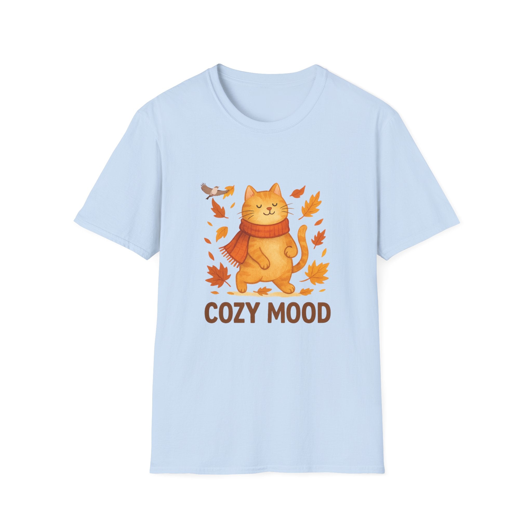 Light blue t-shirt with a cat graphic and 'Cozy Mood' text on a white background