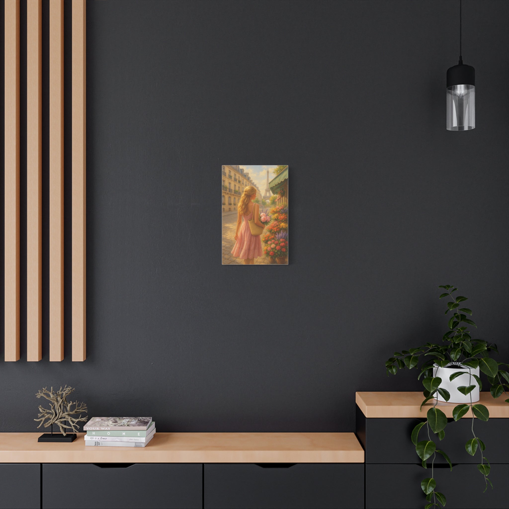 Poster of a woman in a pink dress on a dark wall with wooden shelves and decor.