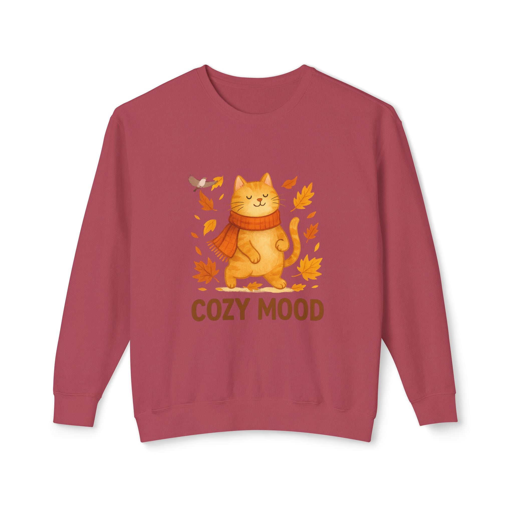 Maroon sweatshirt with a cat wearing a scarf and autumn leaves and text 'Cozy Mood' on a white background