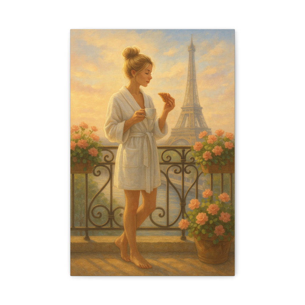 Woman in a bathrobe standing on a balcony with the Eiffel Tower in the background