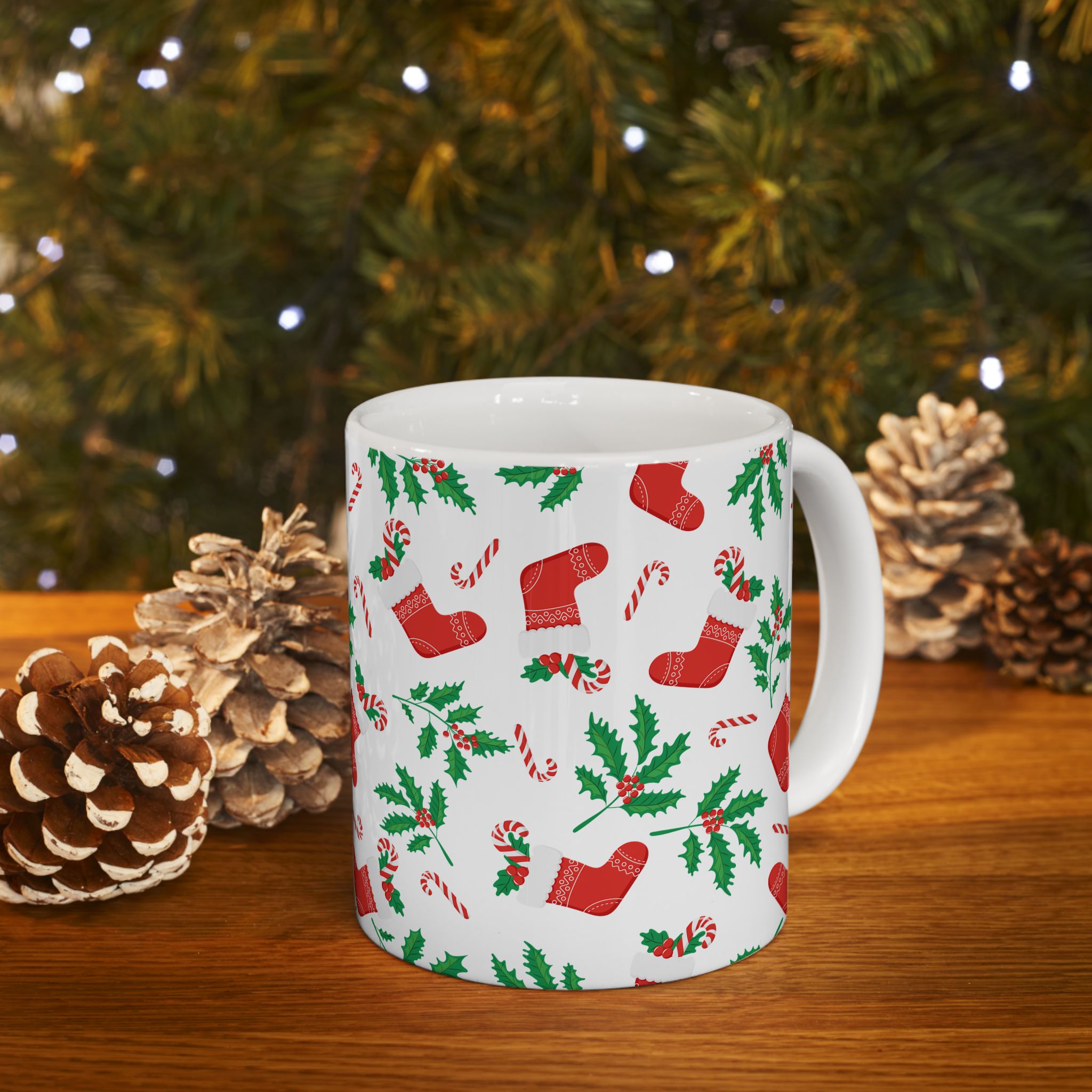 Christmas Stocking & Candy Cane Ceramic Mug — Holiday Pattern Coffee Cup (11oz, 15oz)