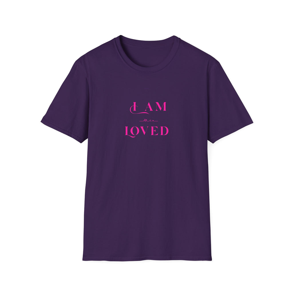 Purple t-shirt with pink text 'I AM LOVED' on a white background