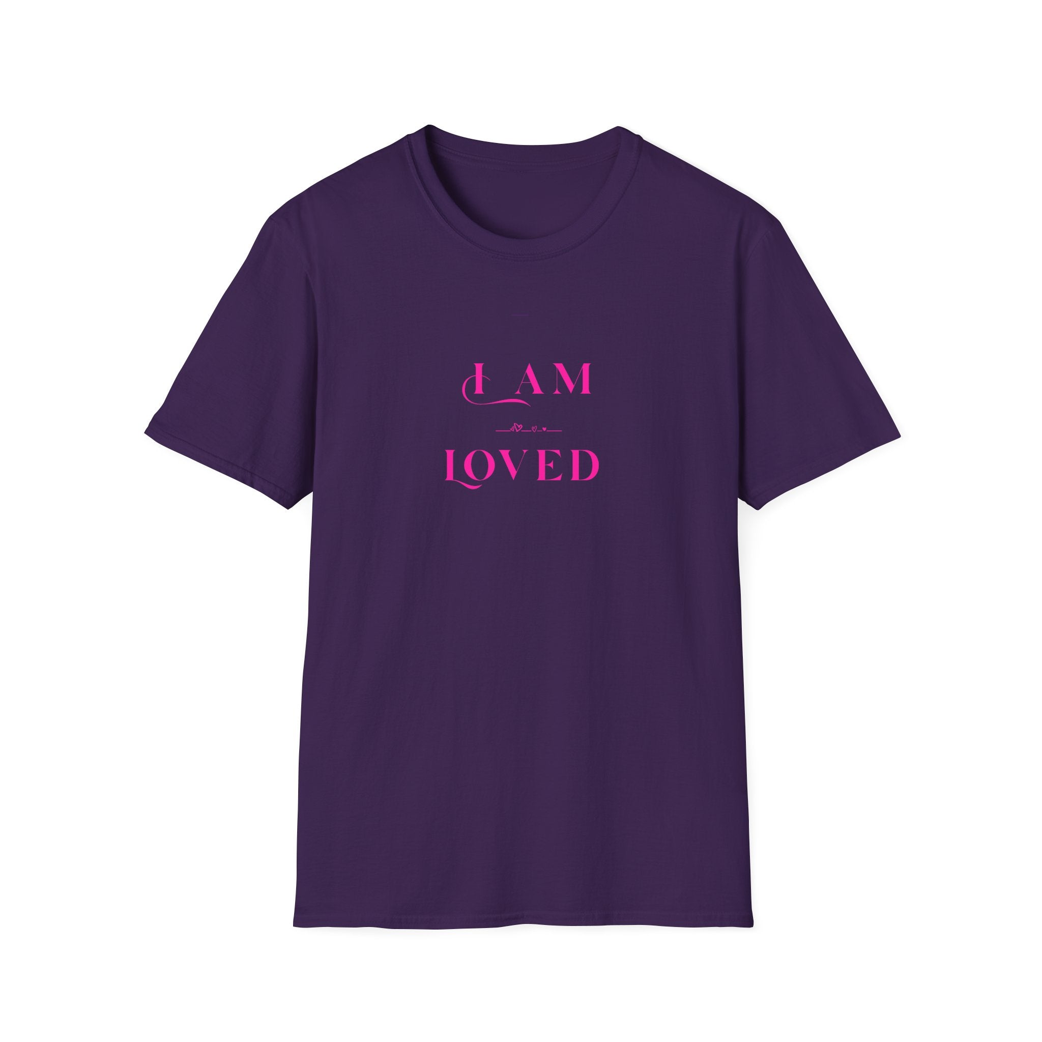 Purple t-shirt with pink text 'I AM LOVED' on a white background