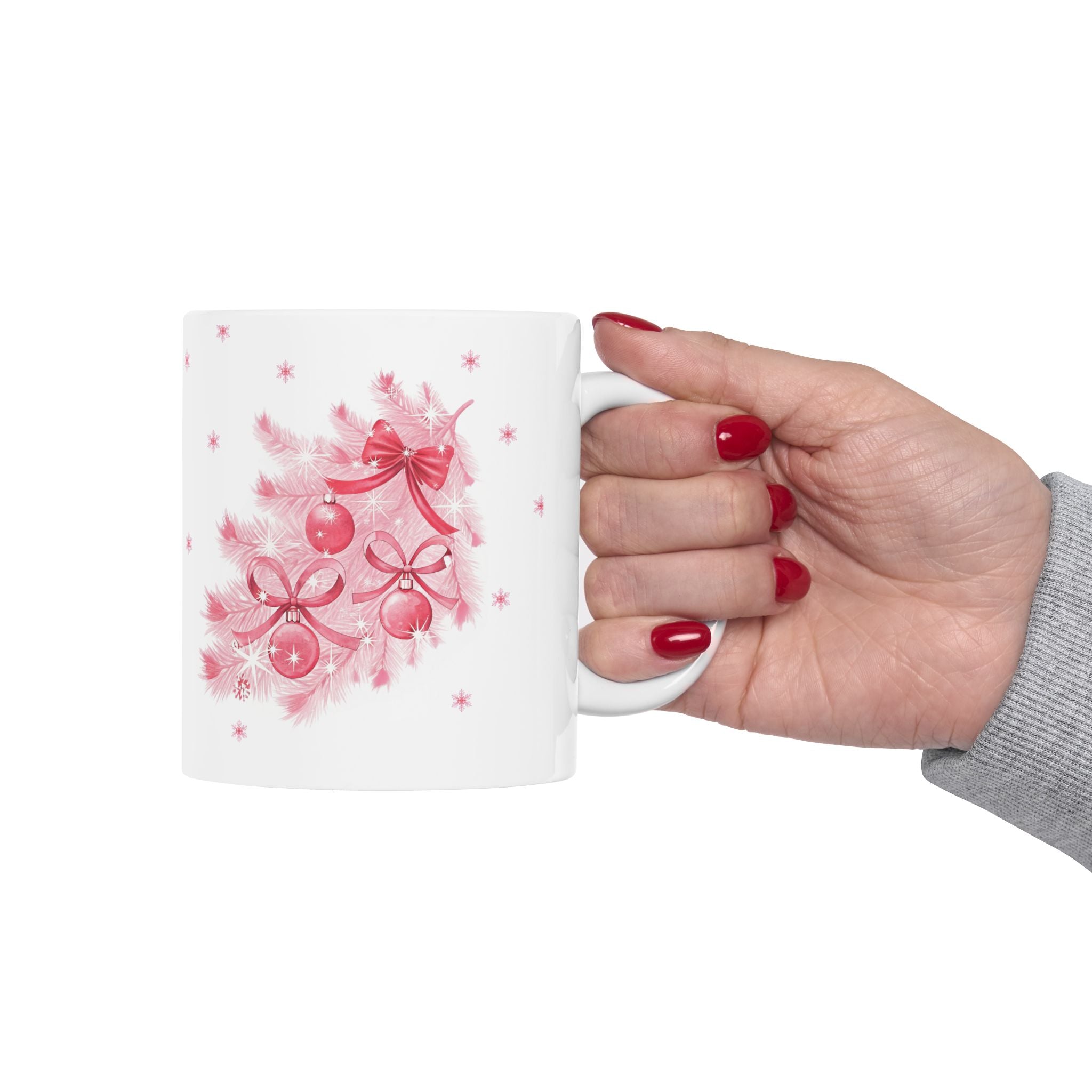 Christmas Reindeer & Pink Snowflakes Ceramic Mug (11oz, 15oz)
