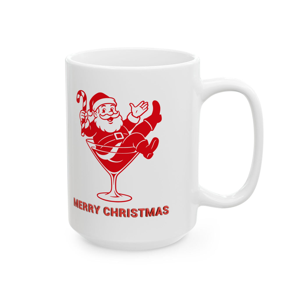 White mug with red Santa Claus design and 'Merry Christmas' text on a white background