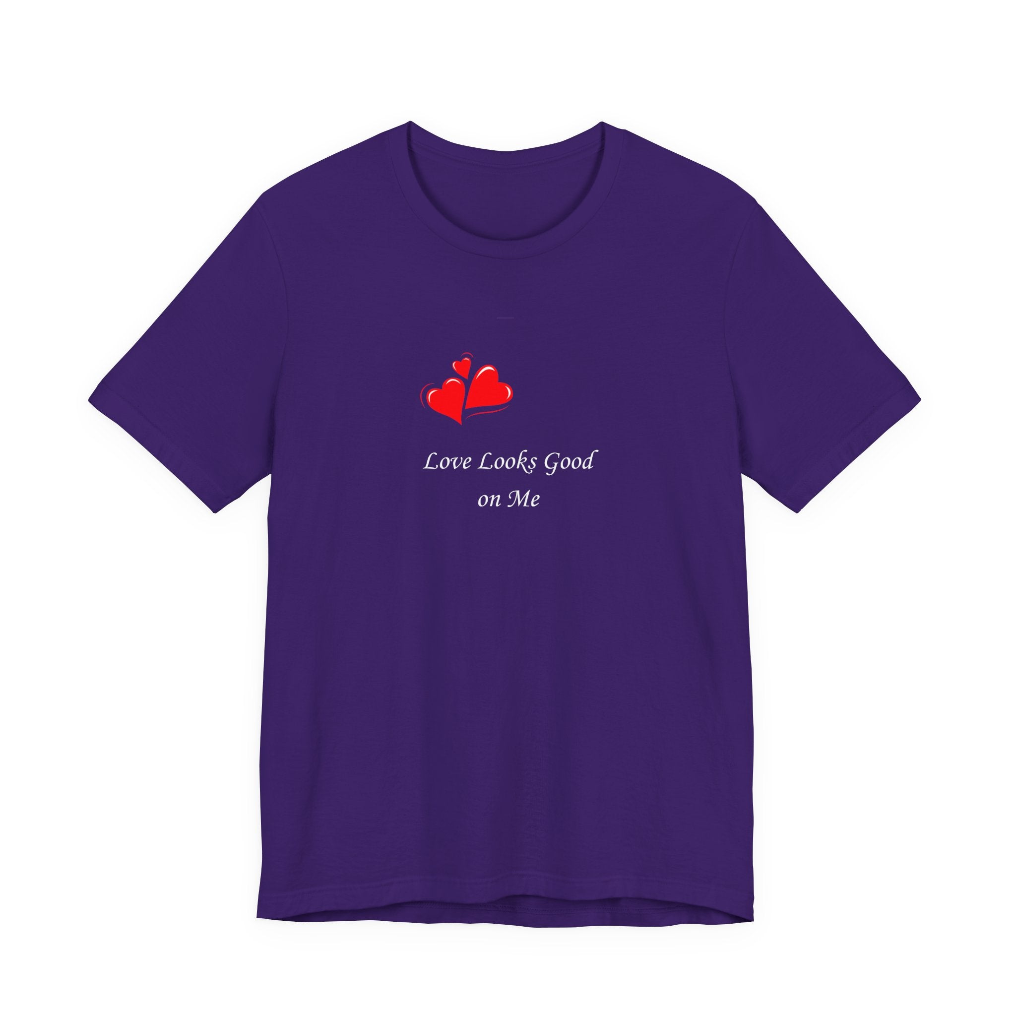 Purple t-shirt with red heart design and text on a white background