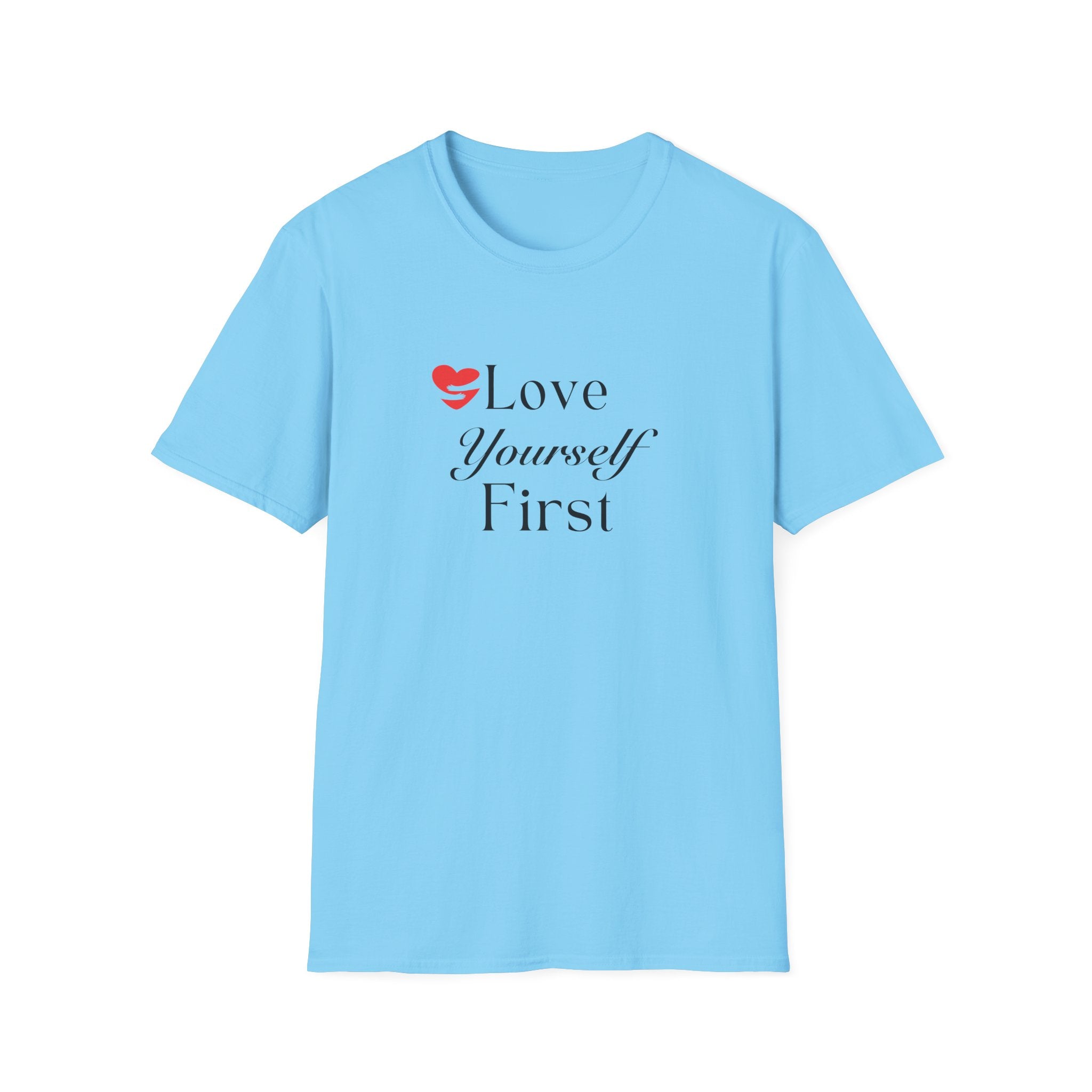 Light blue t-shirt with 'Love Yourself First' text and heart symbol on a white background