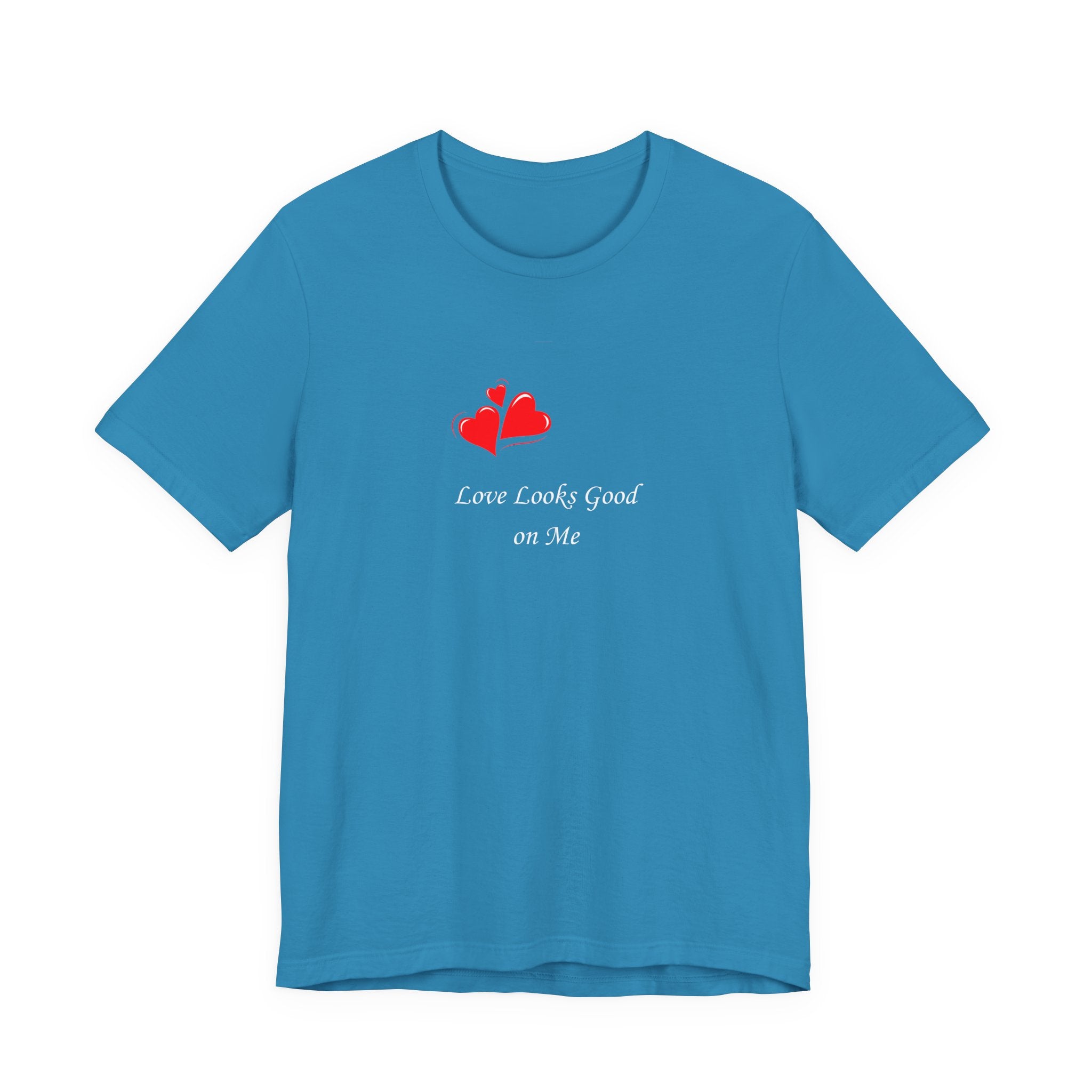 Blue t-shirt with red heart design and text on a white background