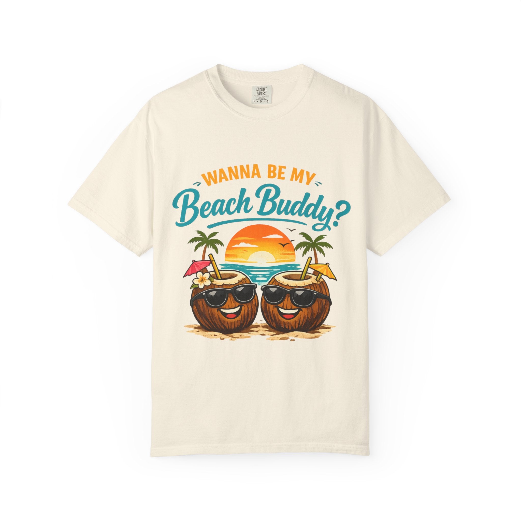 Beach Buddy T-Shirt — "Wanna Be My Beach Buddy?" Tropical Coconut Sunset Tee