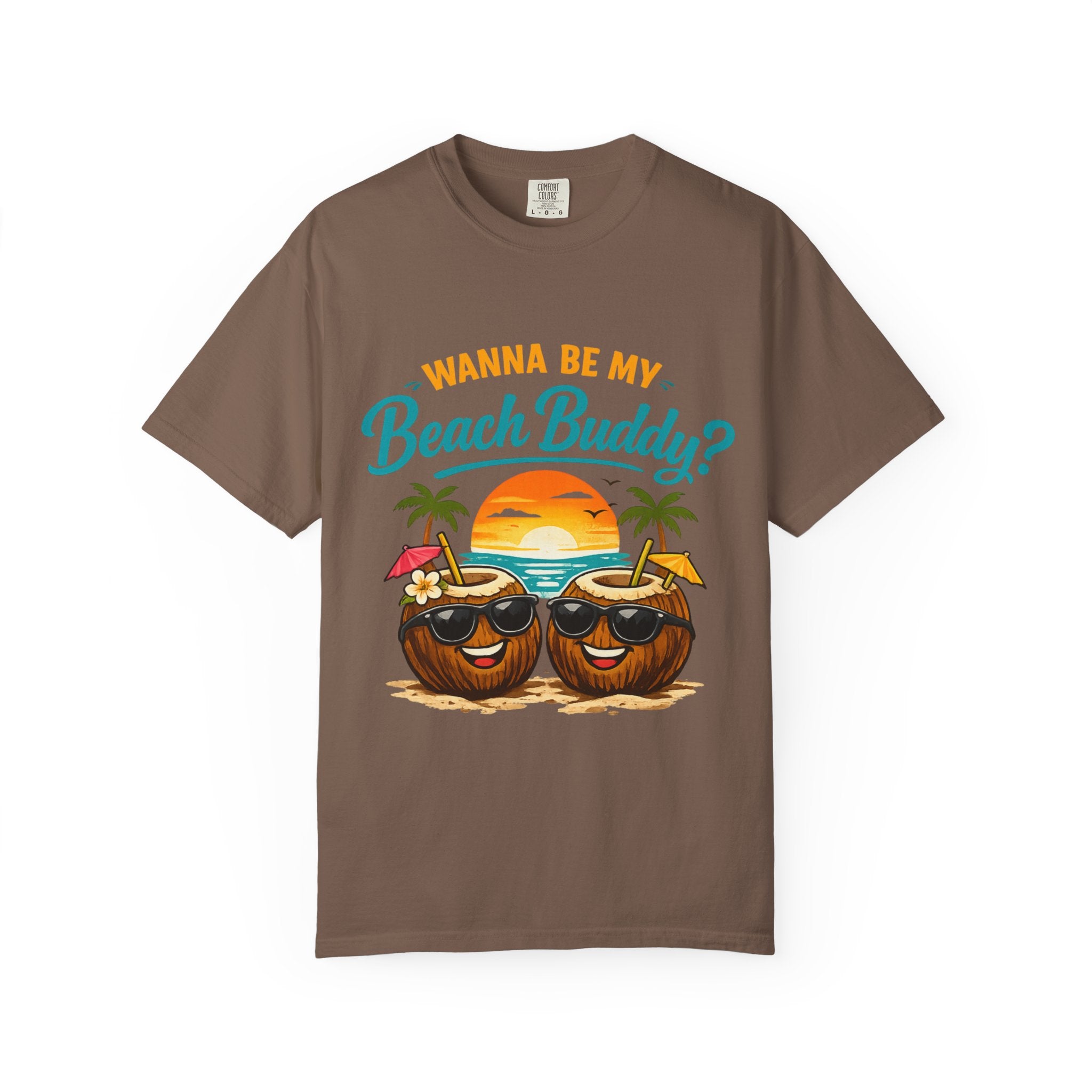 Beach Buddy T-Shirt — "Wanna Be My Beach Buddy?" Tropical Coconut Sunset Tee