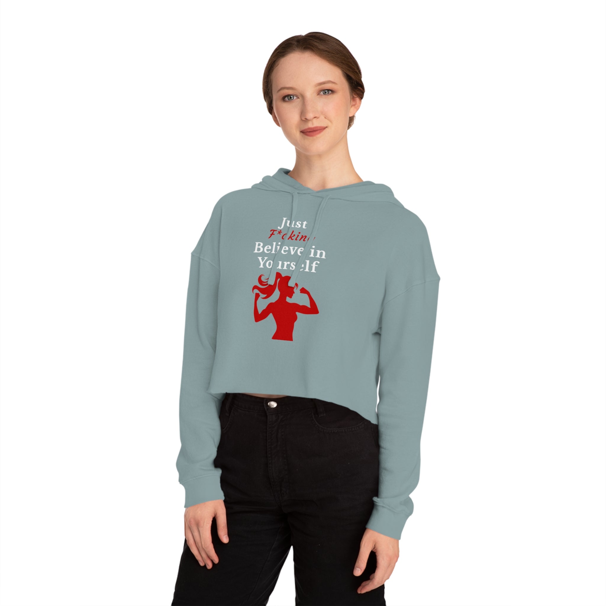 Woman wearing a light blue hoodie with a motivational quote and graphic design on a white background