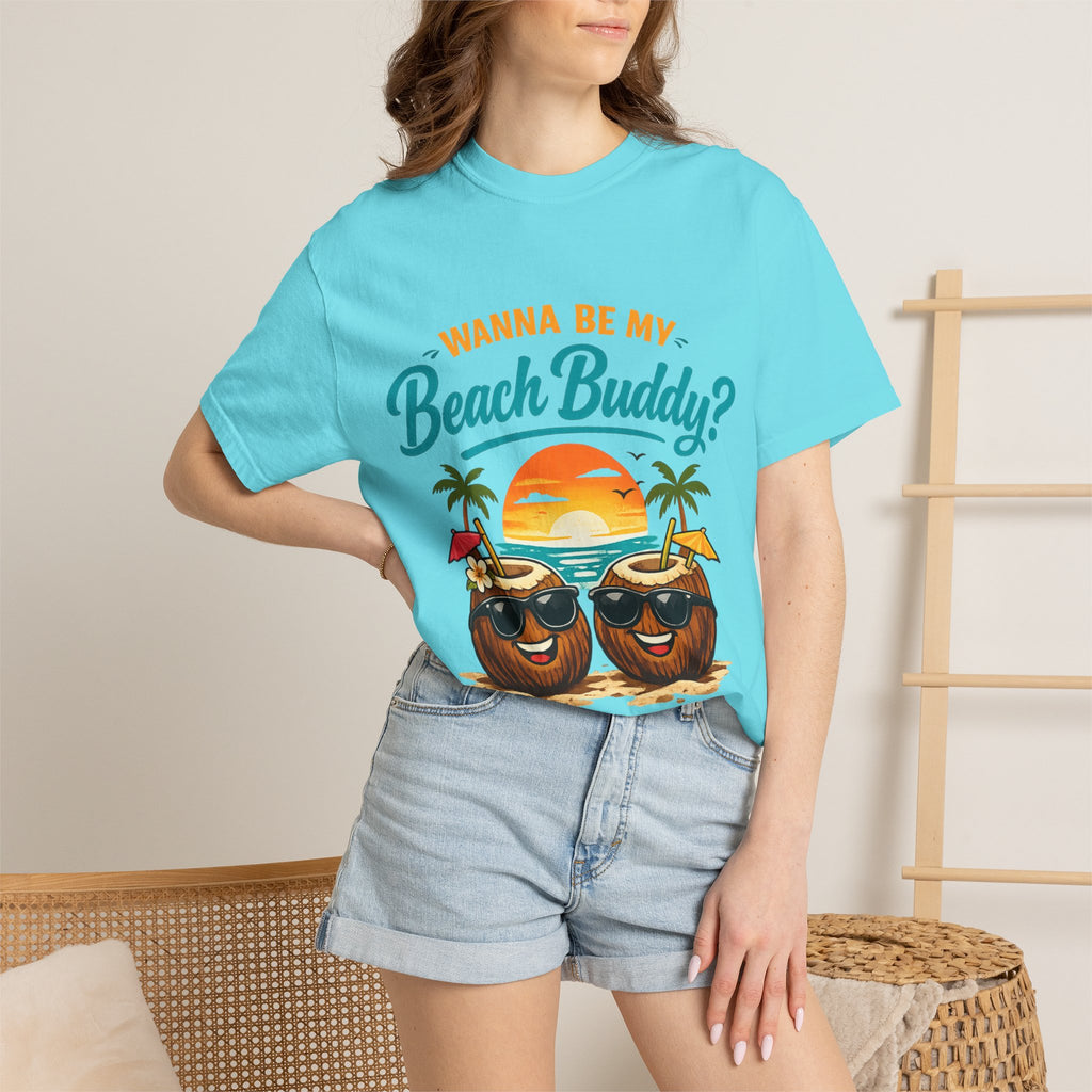 Beach Buddy T-Shirt — "Wanna Be My Beach Buddy?" Tropical Coconut Sunset Tee