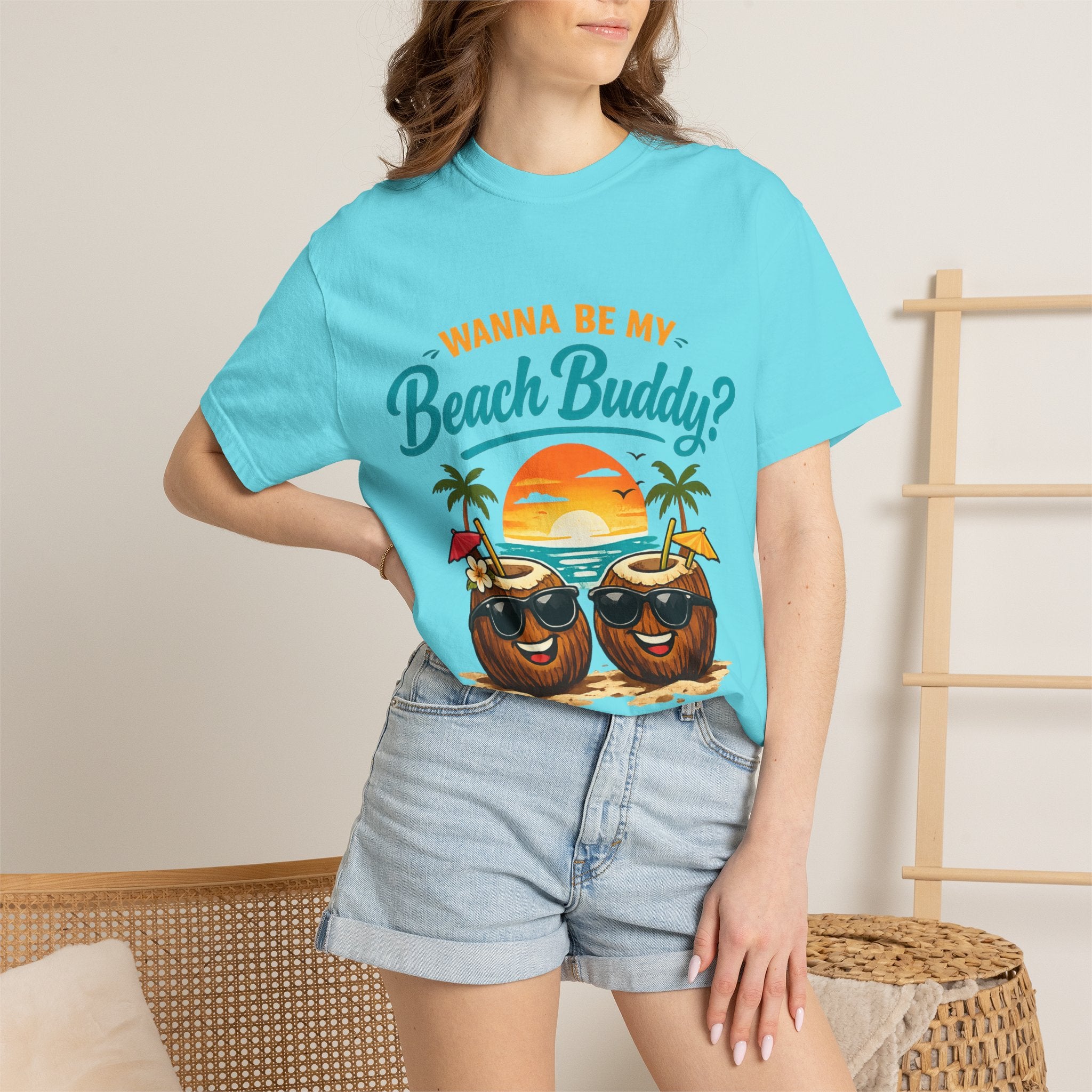 Beach Buddy T-Shirt — "Wanna Be My Beach Buddy?" Tropical Coconut Sunset Tee