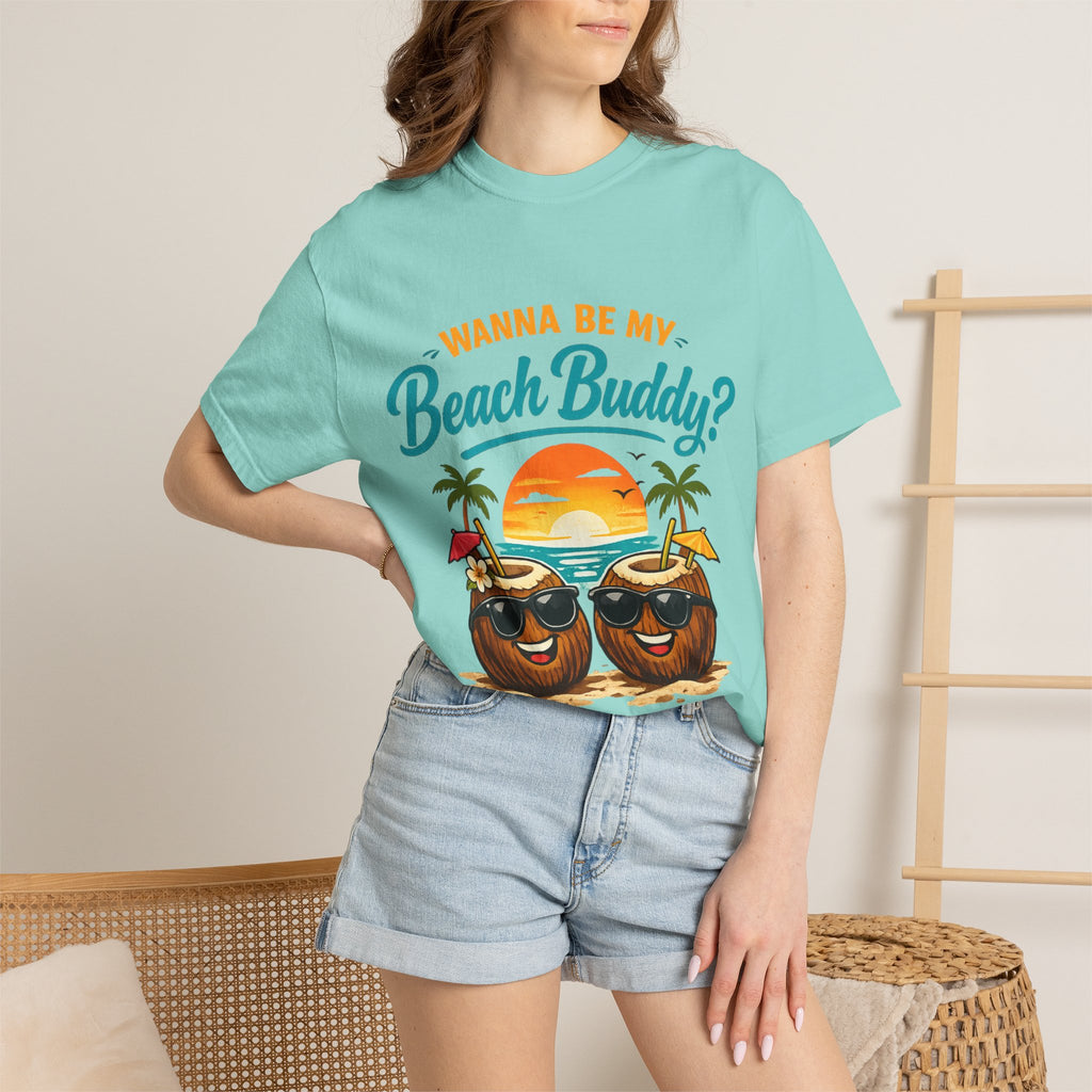 Beach Buddy T-Shirt — "Wanna Be My Beach Buddy?" Tropical Coconut Sunset Tee
