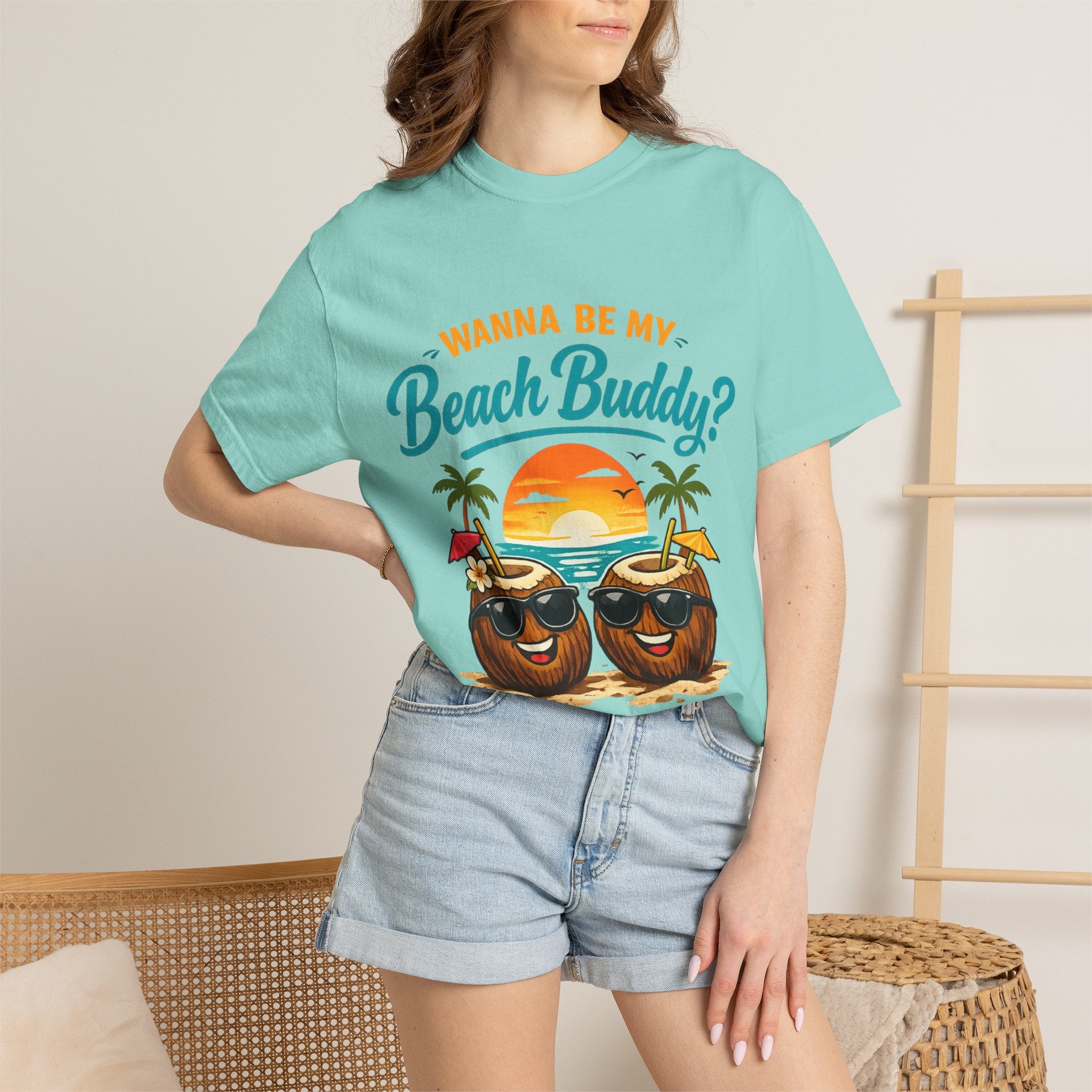 Beach Buddy T-Shirt — "Wanna Be My Beach Buddy?" Tropical Coconut Sunset Tee