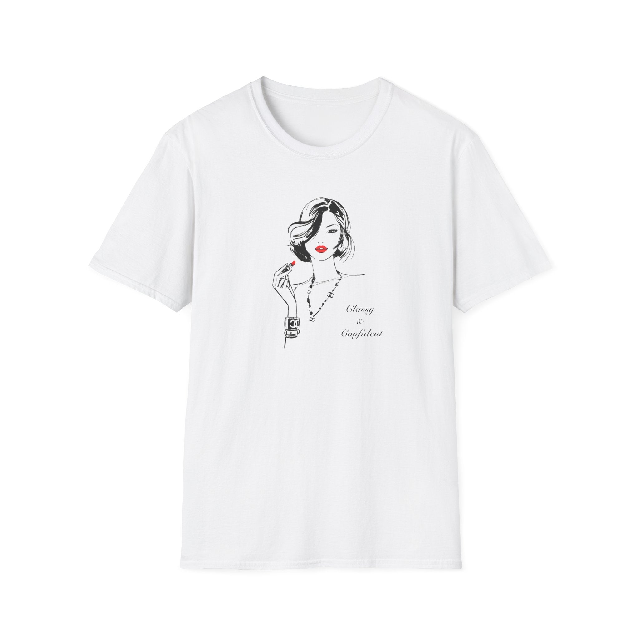White t-shirt with a graphic design of a woman on a white background