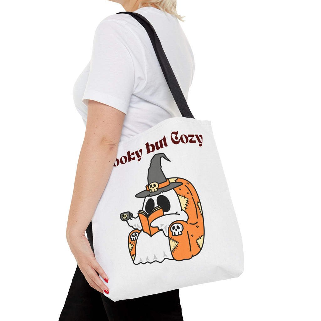 Spooky but Cozy Tote Bag | Fall Halloween Canvas Bag | Fun Gift for Witches, Ghost Lovers & Pumpkin Spice Fans