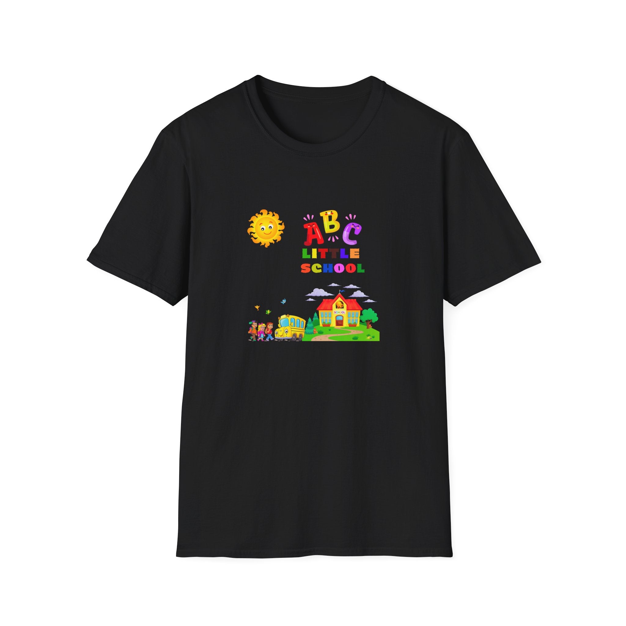 Black t-shirt with colorful 'ABC Little School' graphic on a white background