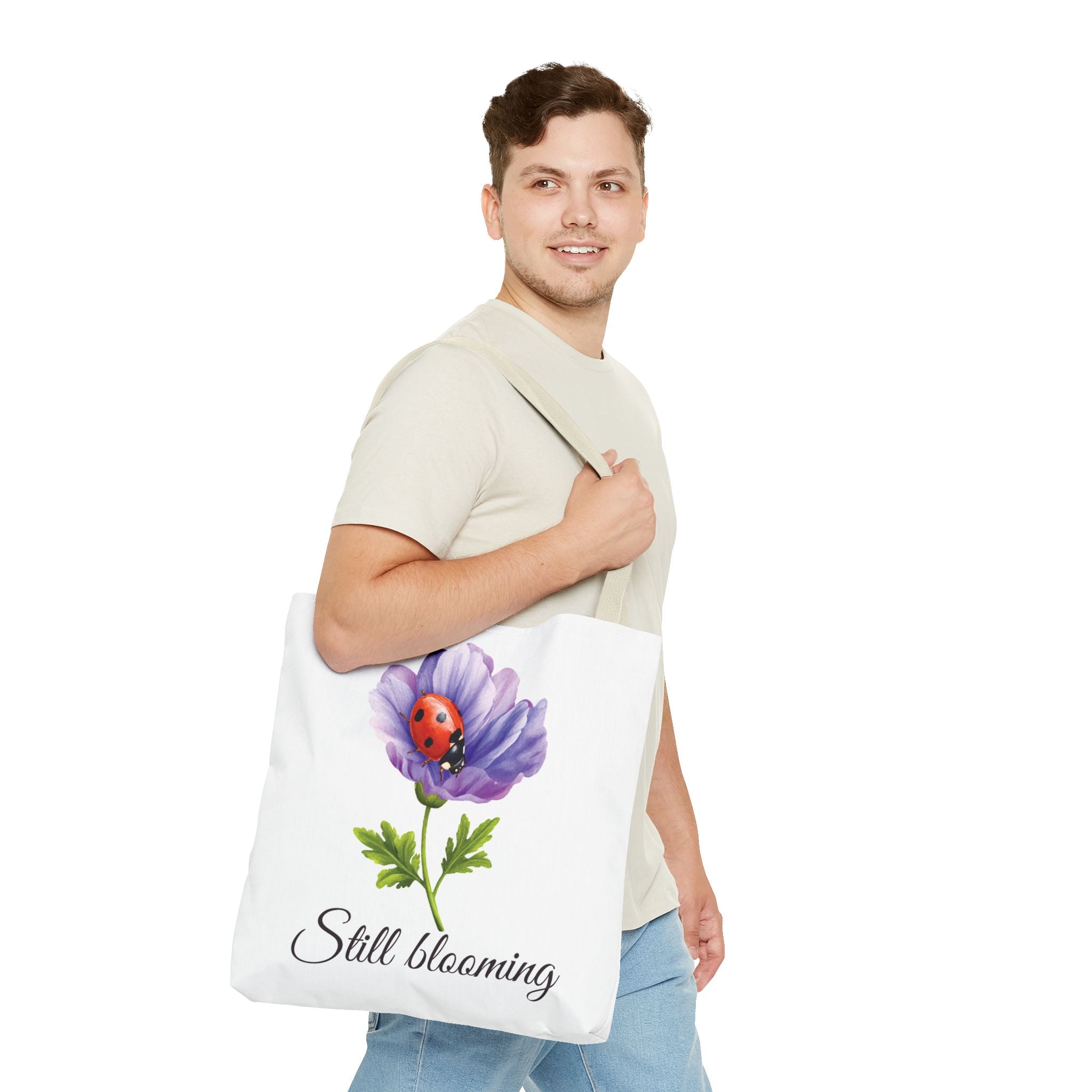 Still Blooming Tote Bag, Aesthetic Canvas Tote Bag, Cute Everyday Bag, Floral Ladybug Tote, Soft Life Gift