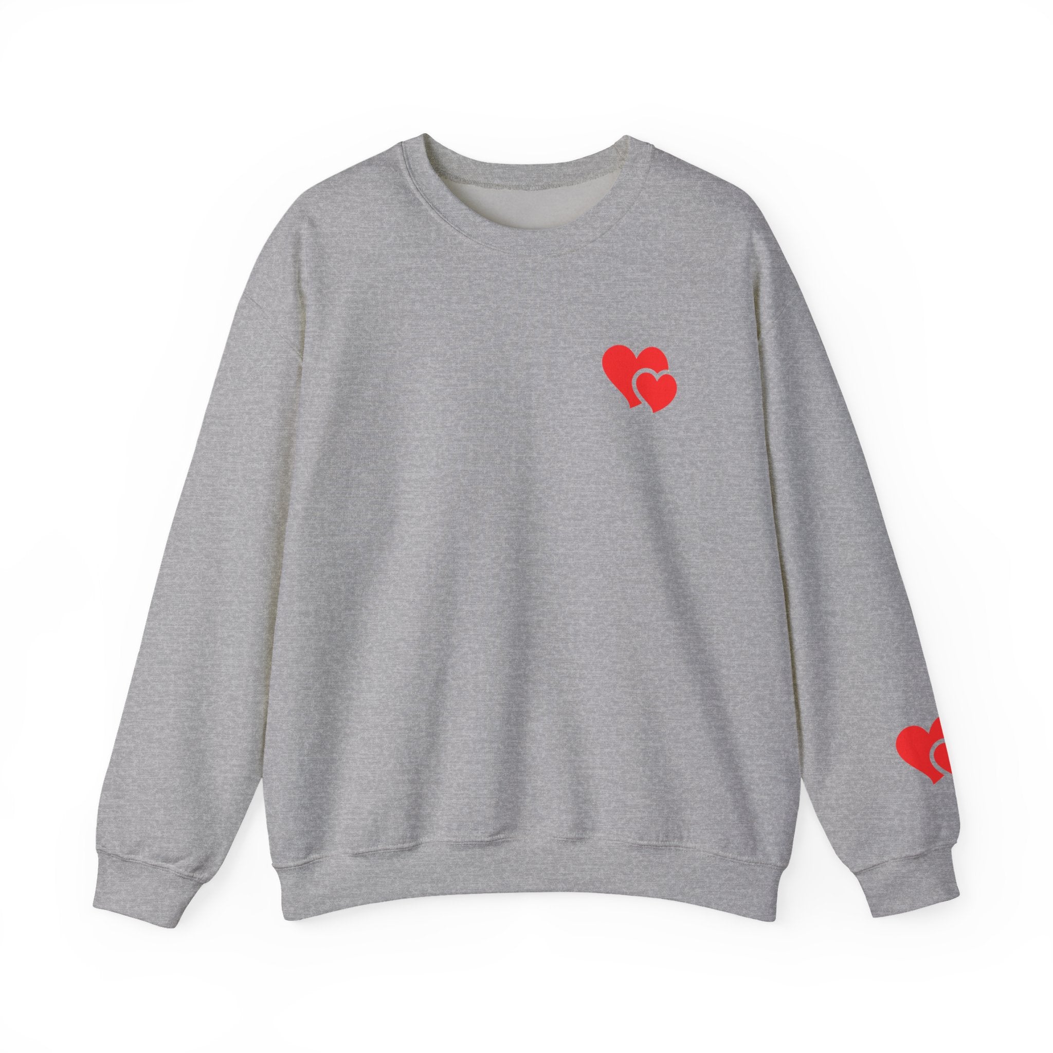 Gray sweatshirt with red heart designs on a white background