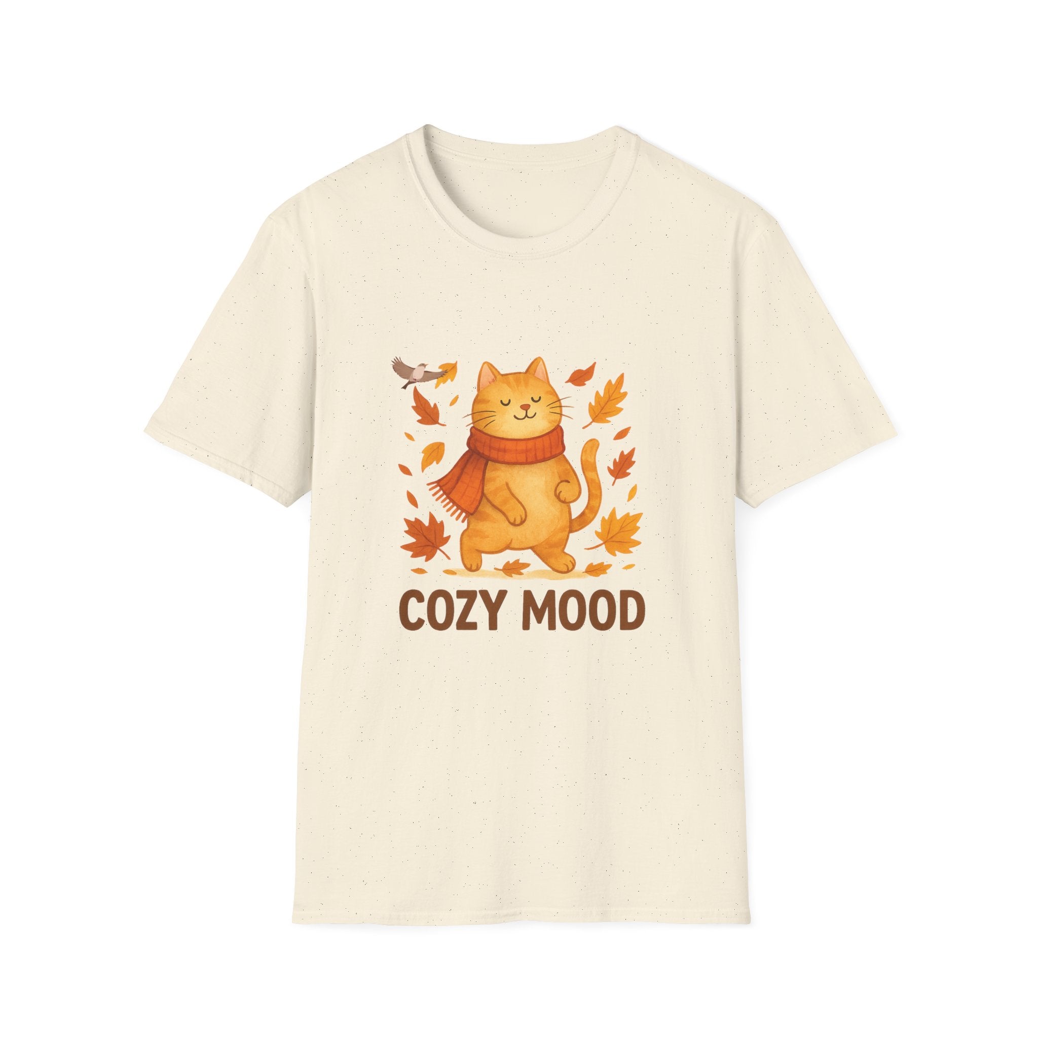 Beige t-shirt with a cat graphic and 'Cozy Mood' text on a white background