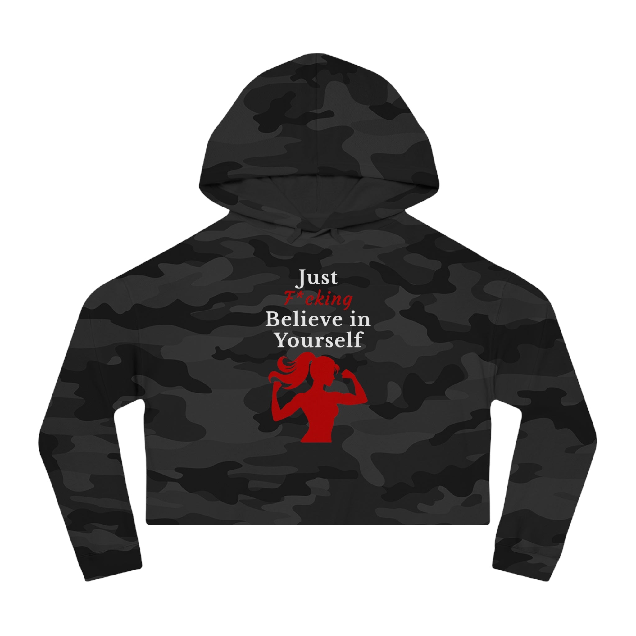 Black camouflage hoodie with motivational text and graphic on a white background
