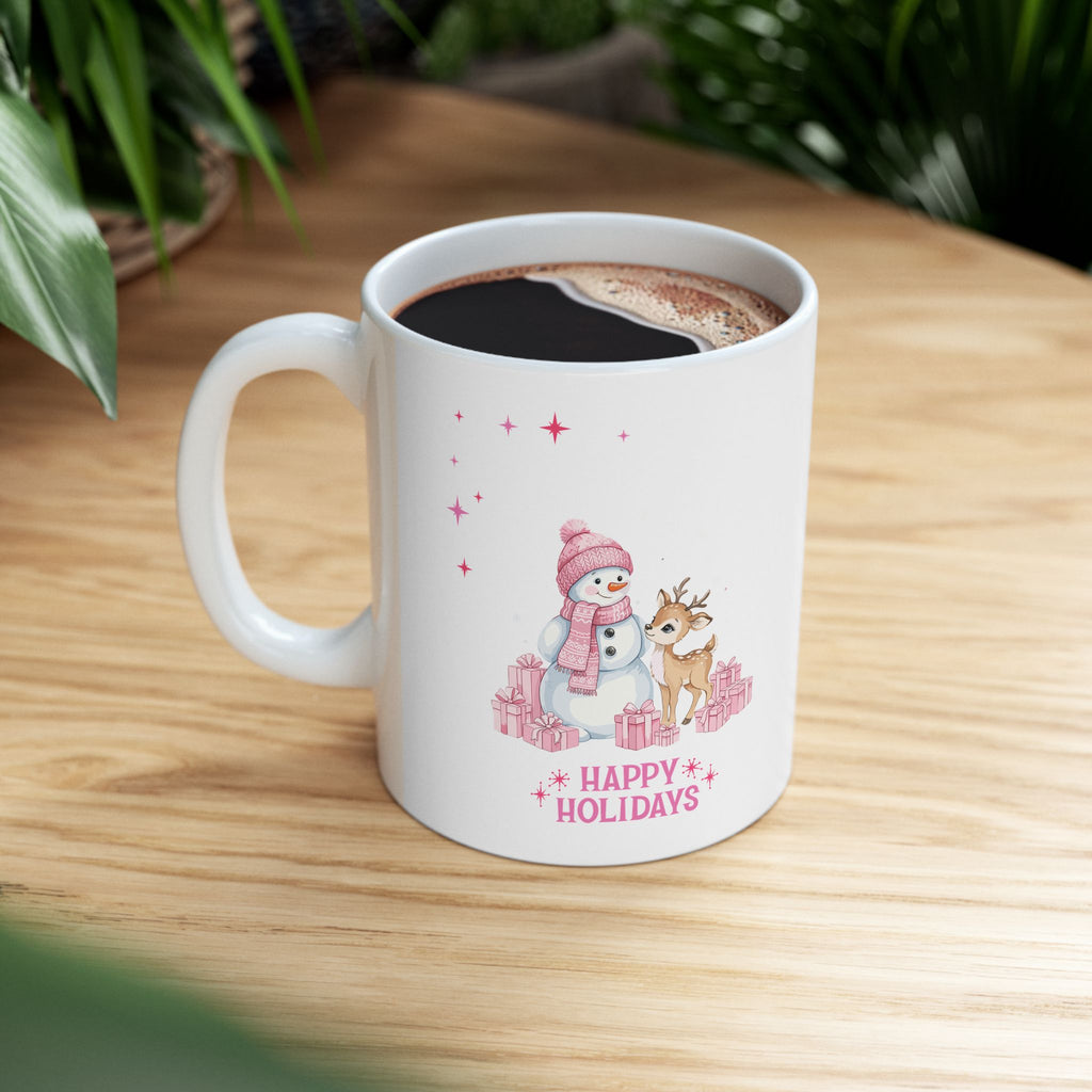 Christmas Reindeer & Pink Snowflakes Ceramic Mug (11oz, 15oz)