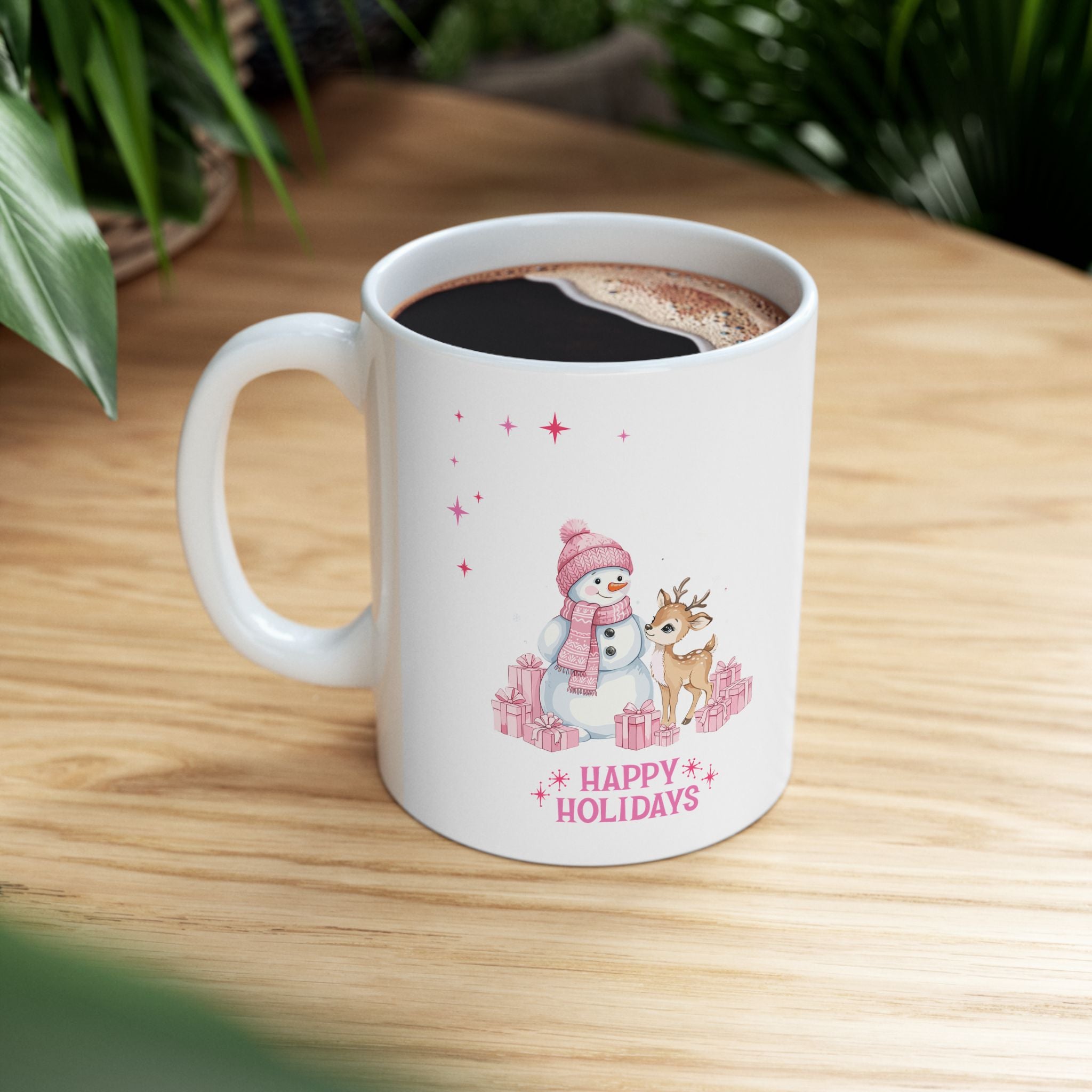 Christmas Reindeer & Pink Snowflakes Ceramic Mug (11oz, 15oz)