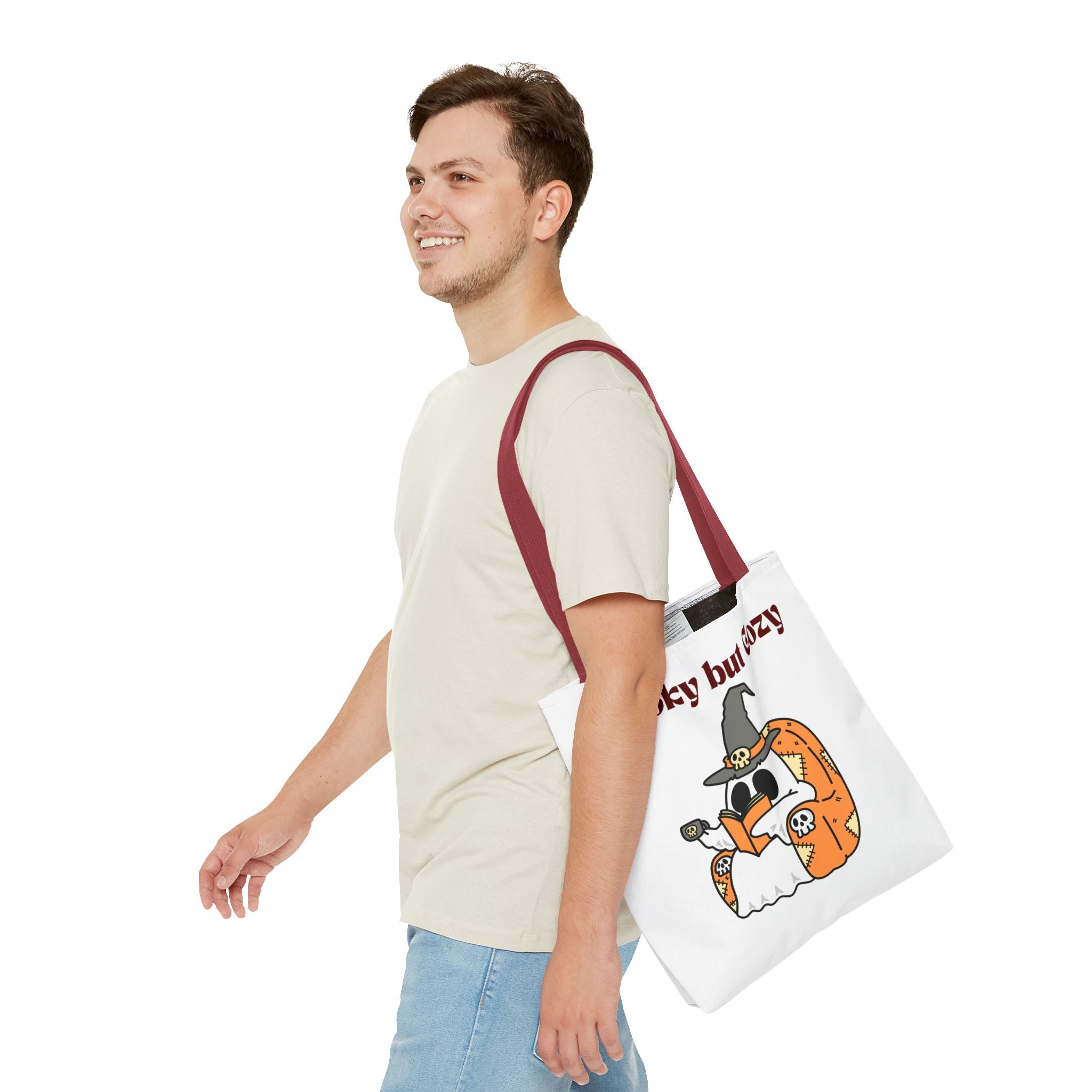 Spooky but Cozy Tote Bag | Fall Halloween Canvas Bag | Fun Gift for Witches, Ghost Lovers & Pumpkin Spice Fans