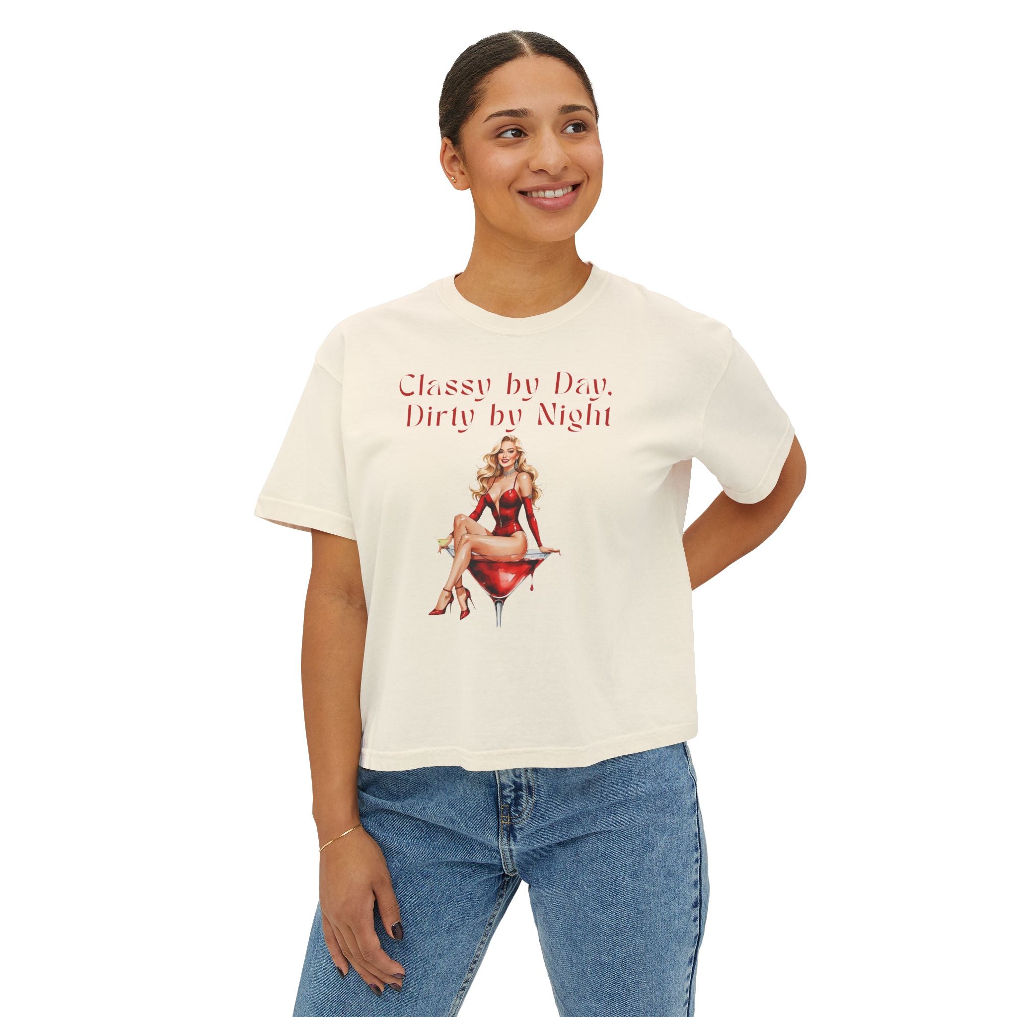 Woman wearing a t-shirt with a graphic design and text on a white background