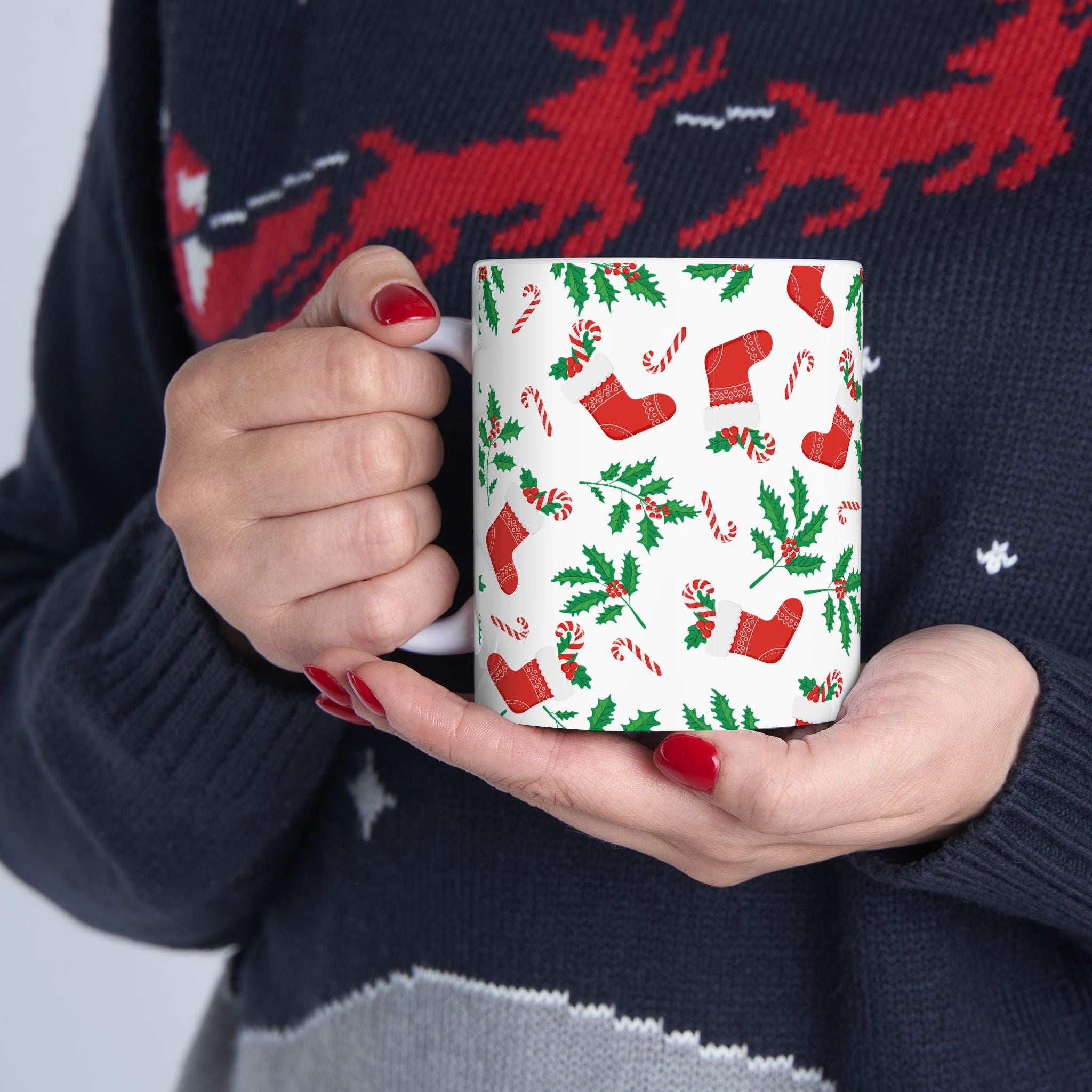 Christmas Stocking & Candy Cane Ceramic Mug — Holiday Pattern Coffee Cup (11oz, 15oz)