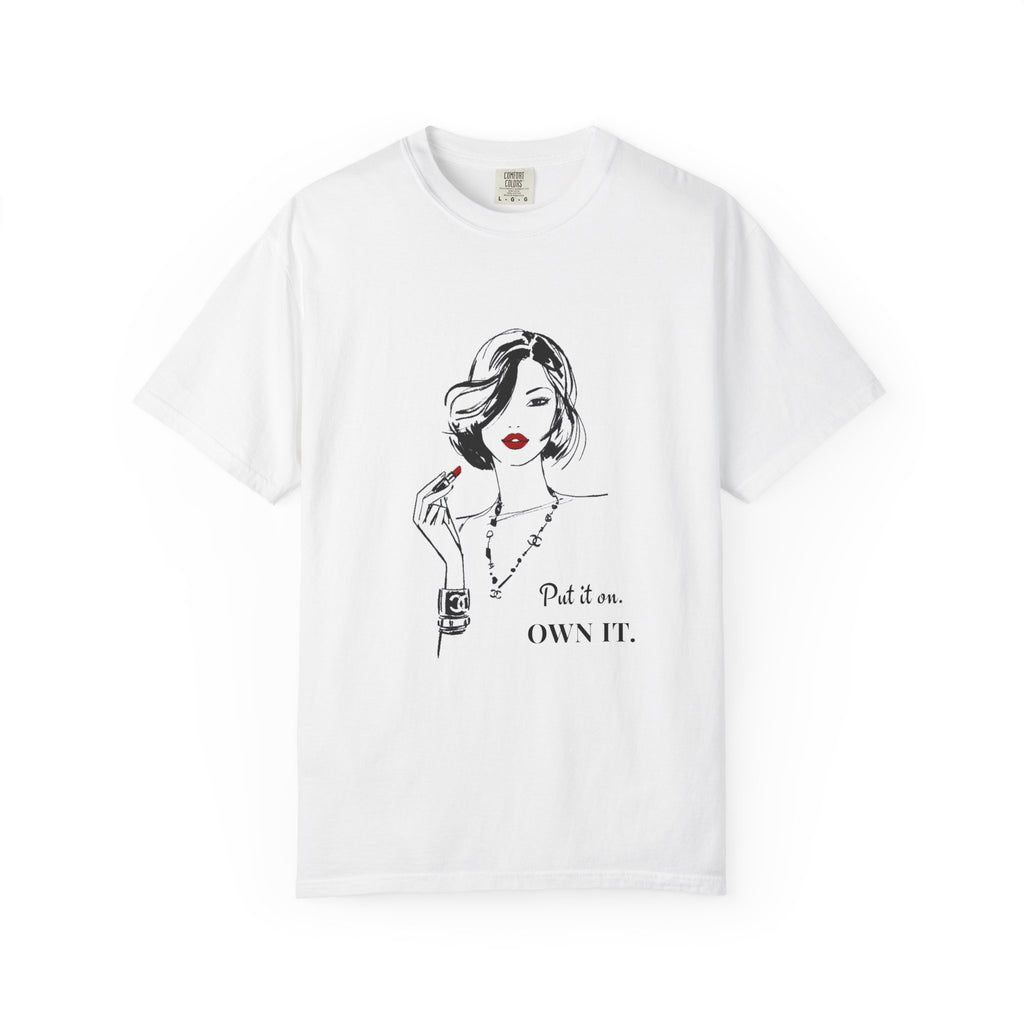 White t-shirt with a graphic of a woman and text on a white background