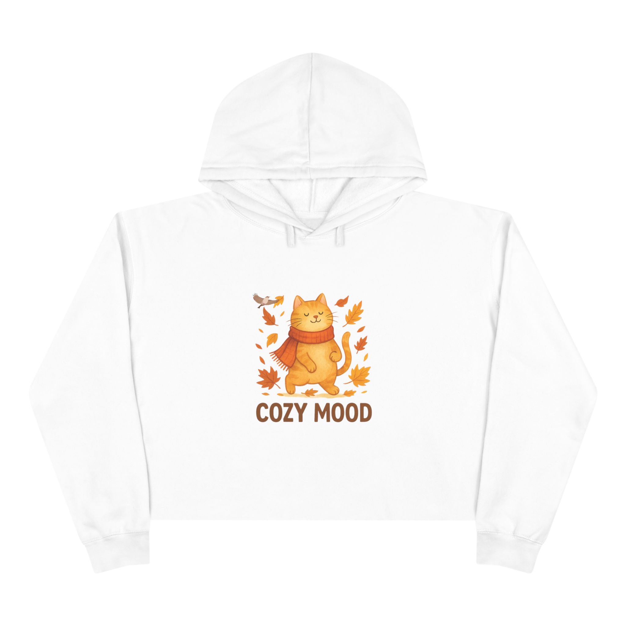 White hoodie with a cat graphic and 'Cozy Mood' text on a white background
