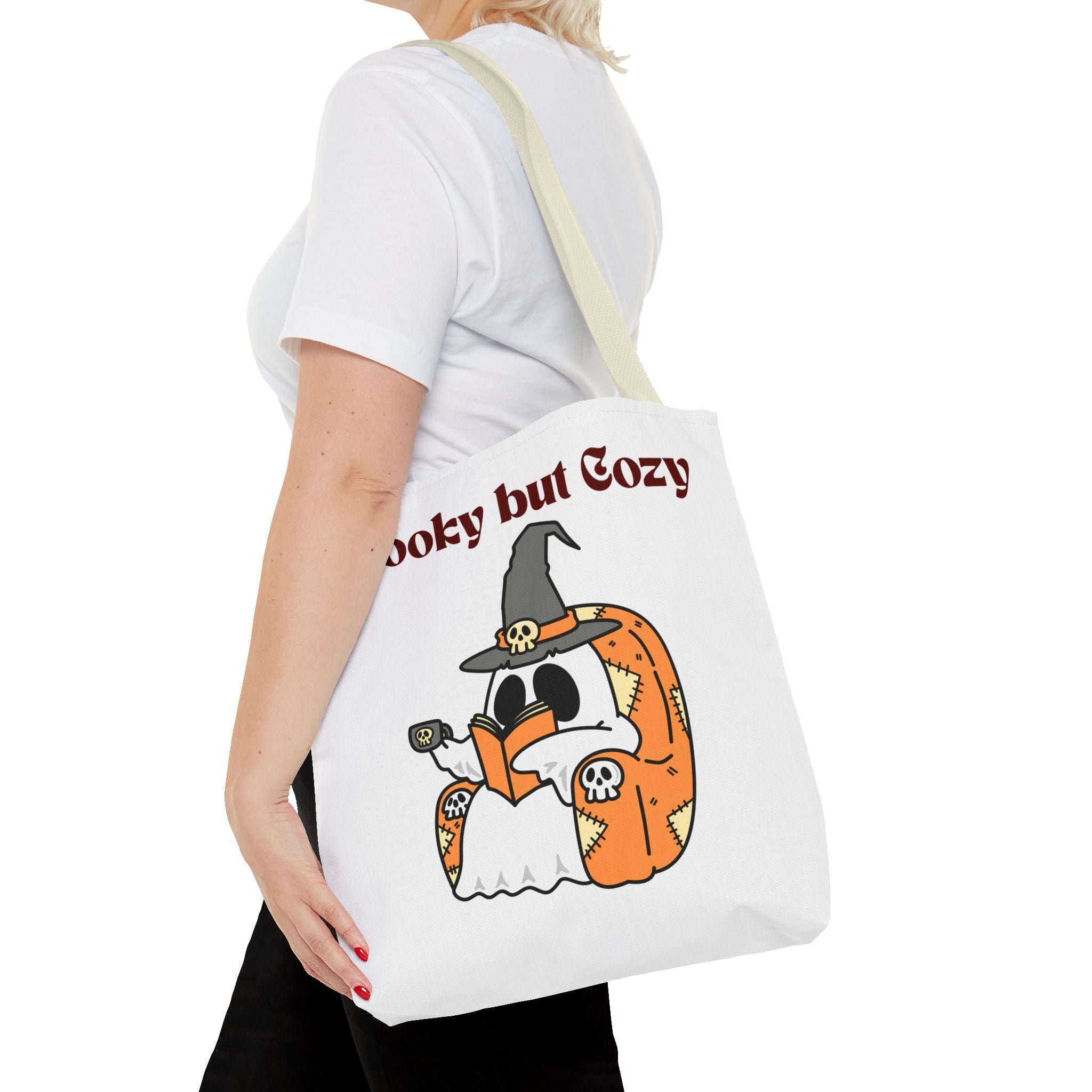 Spooky but Cozy Tote Bag | Fall Halloween Canvas Bag | Fun Gift for Witches, Ghost Lovers & Pumpkin Spice Fans