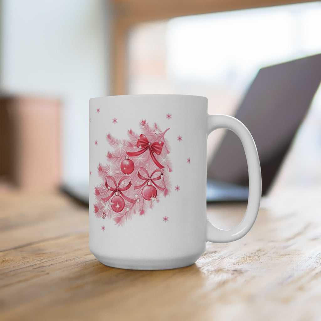 Christmas Reindeer & Pink Snowflakes Ceramic Mug (11oz, 15oz)