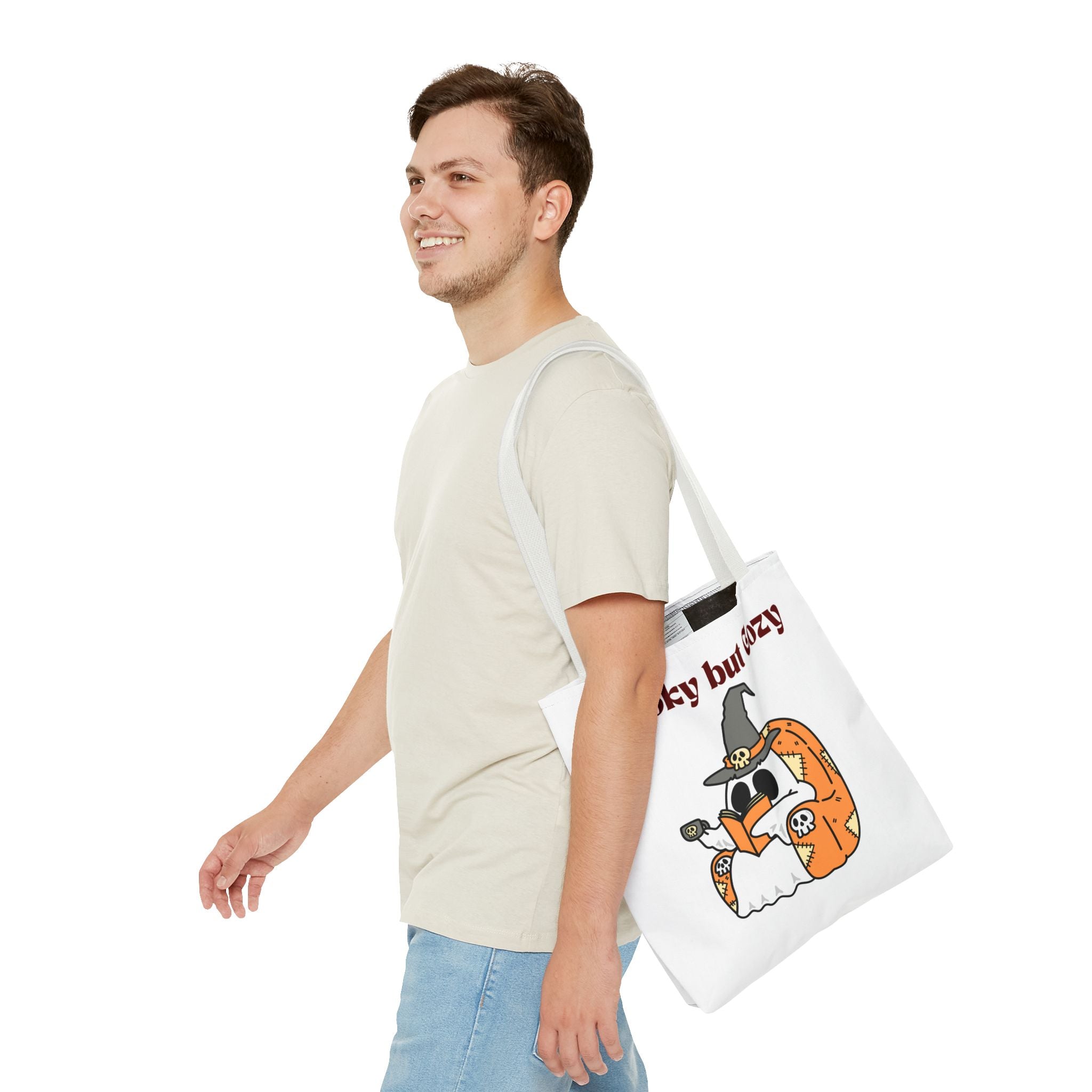 Spooky but Cozy Tote Bag | Fall Halloween Canvas Bag | Fun Gift for Witches, Ghost Lovers & Pumpkin Spice Fans