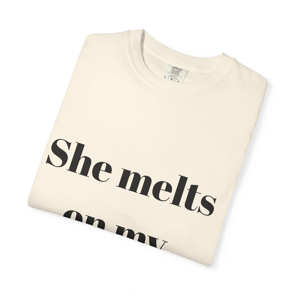 Funny Couple T-Shirt | She Melts on My Tongue Tee | Naughty Gift for Him | Cheeky Matching Shirt for Couples | Bold Statement Shirt