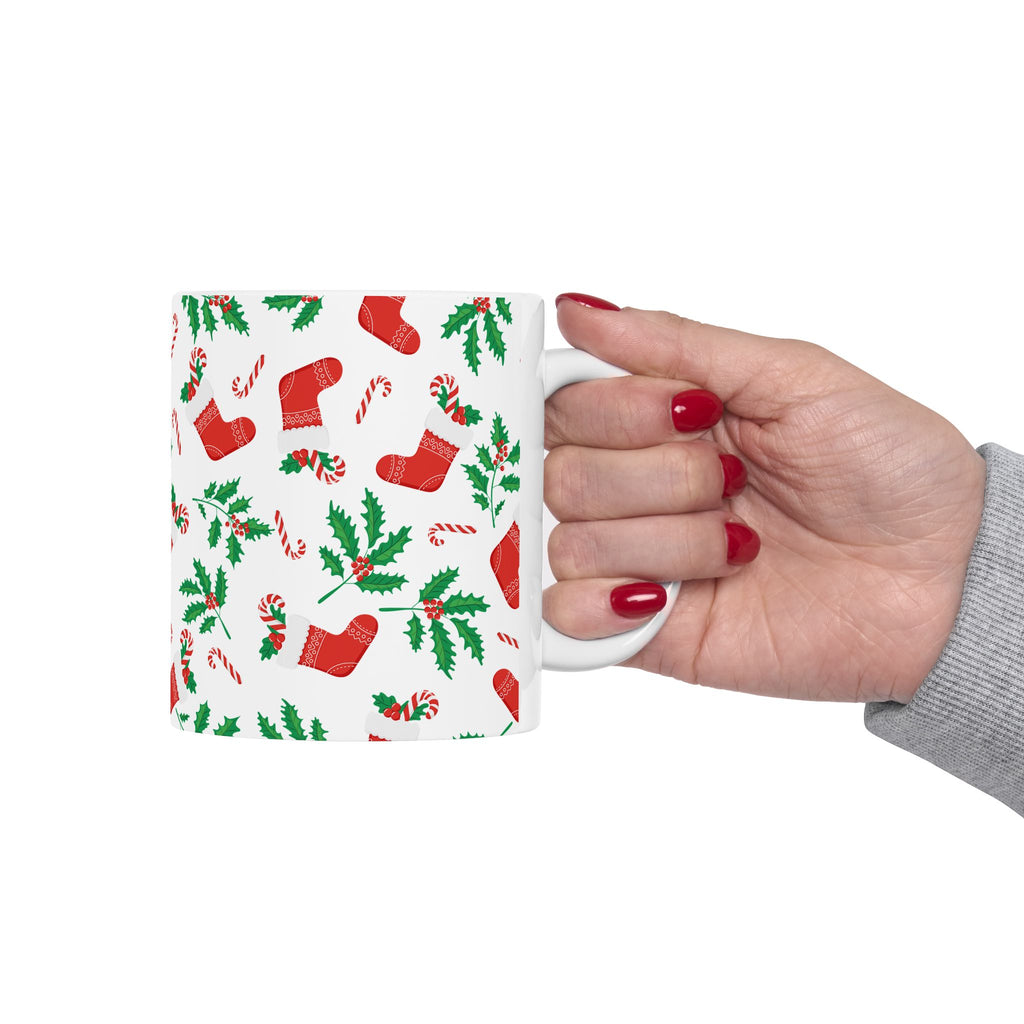 Christmas Stocking & Candy Cane Ceramic Mug — Holiday Pattern Coffee Cup (11oz, 15oz)