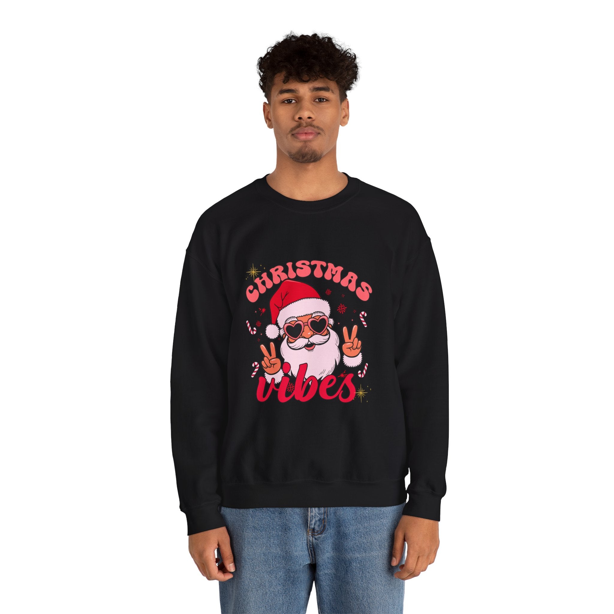 Person wearing a black sweatshirt with Santa Claus graphic and 'Christmas Vibes' text on a white background